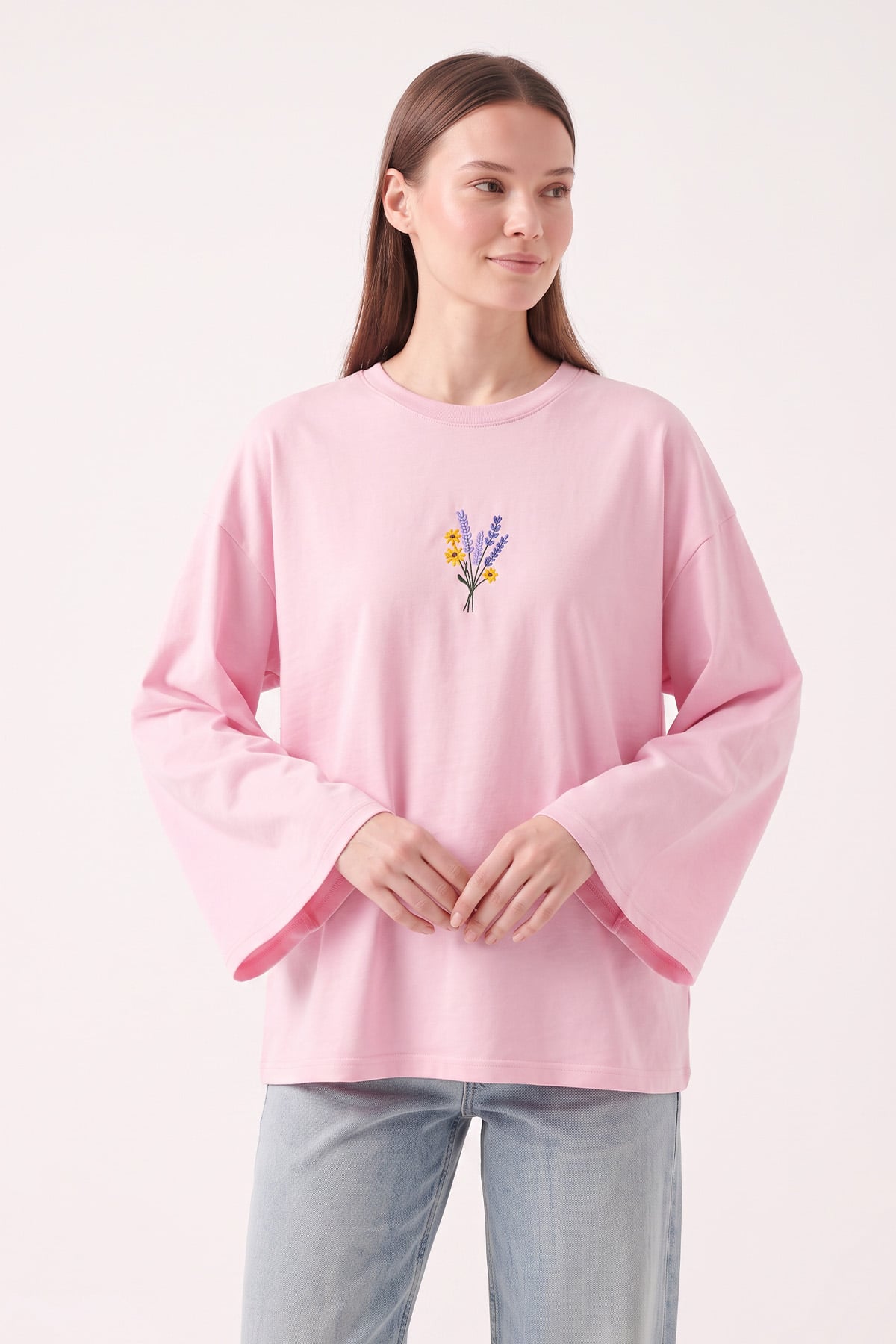 Çiçek Nakışlı Penye Bluz 13137 - AÇIK PEMBE | zenne.com 