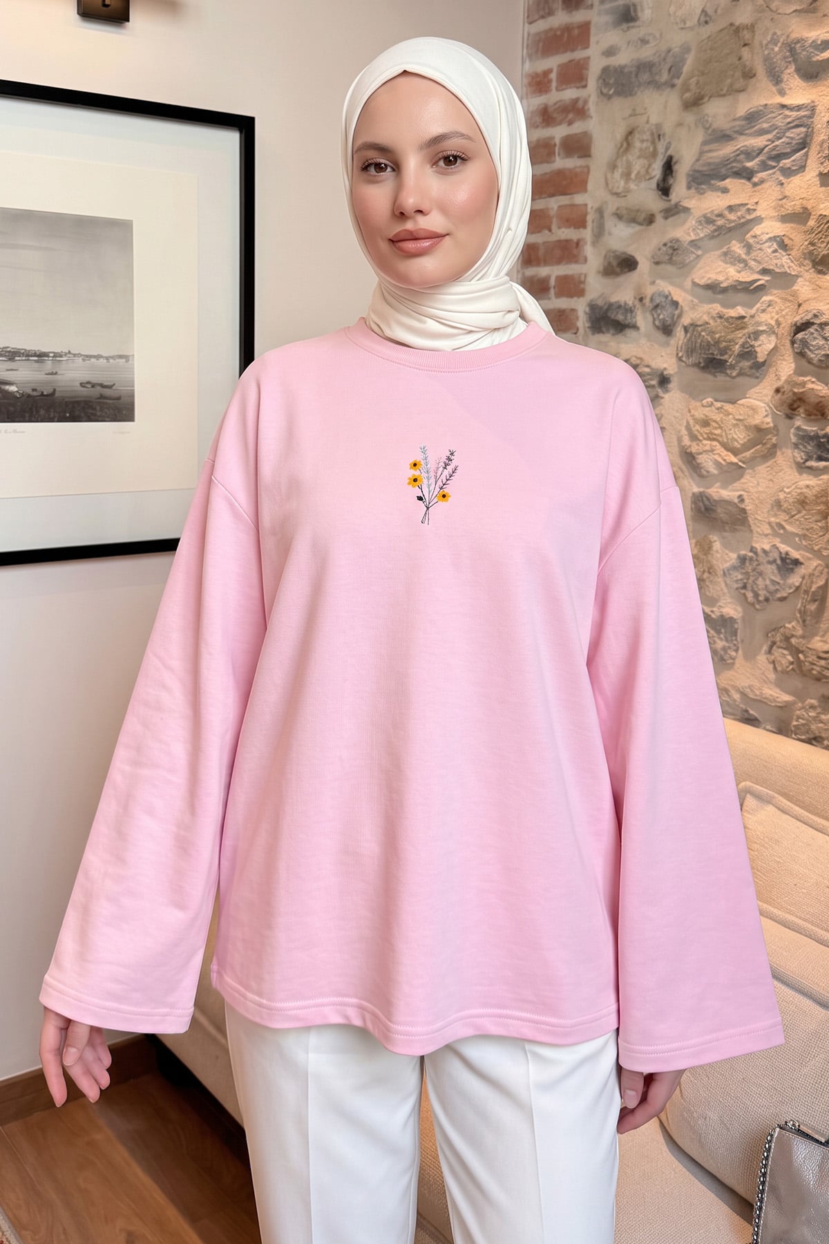 Çiçek Nakışlı Penye Bluz 13137 - AÇIK PEMBE |  