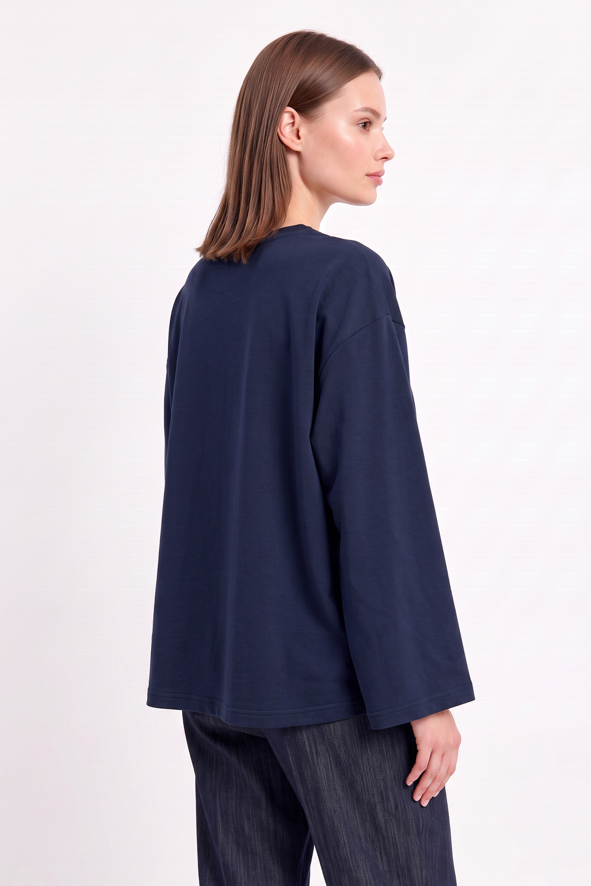 Çiçek Nakışlı Penye Bluz 13137 - LACİVERT | zenne.com 