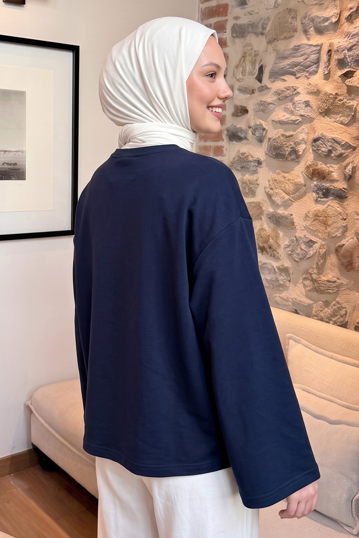 Çiçek Nakışlı Penye Bluz 13137 - LACİVERT |  