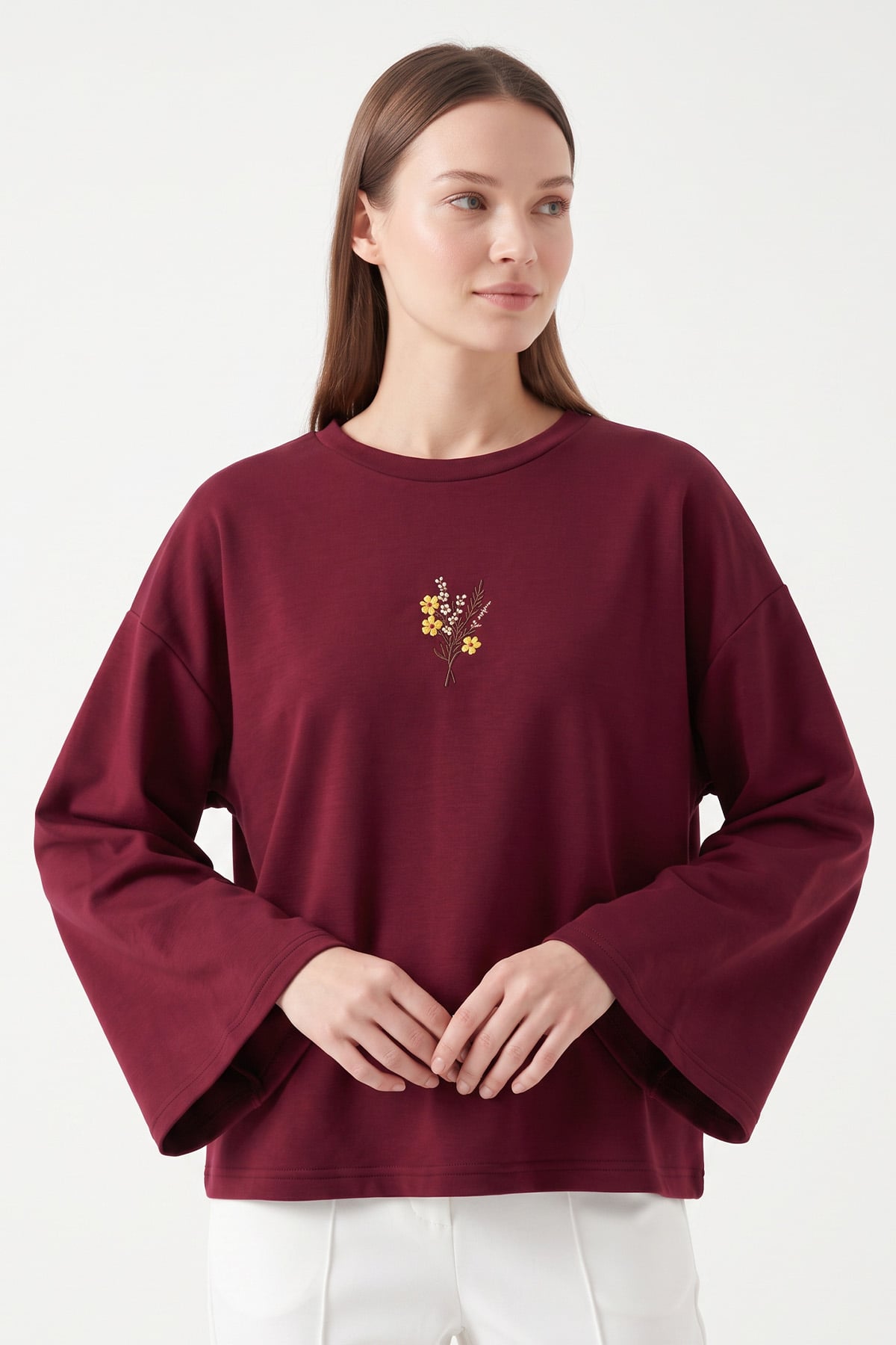 Çiçek Nakışlı Penye Bluz 13137 - BORDO | zenne.com 