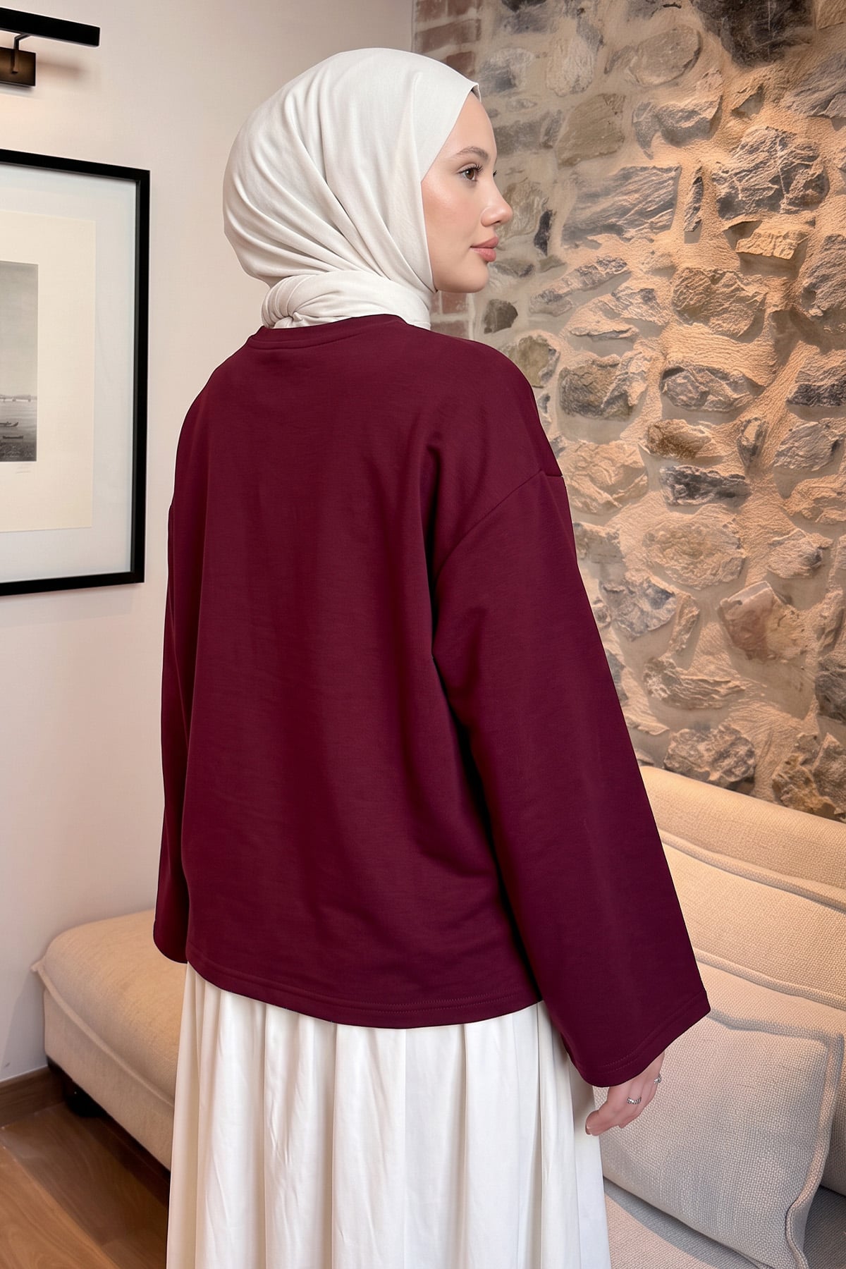 Çiçek Nakışlı Penye Bluz 13137 - BORDO |  