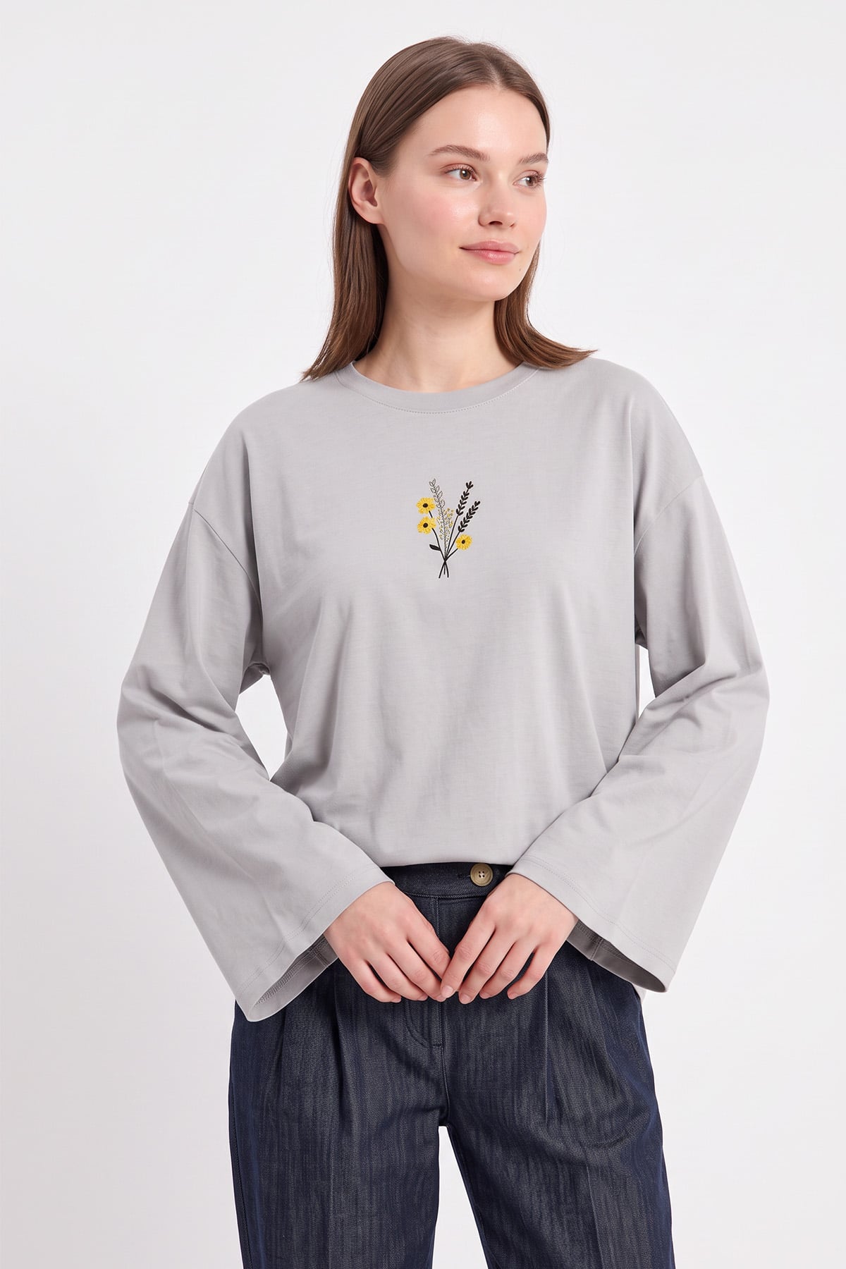 Çiçek Nakışlı Penye Bluz 13137 - GRİ | zenne.com 