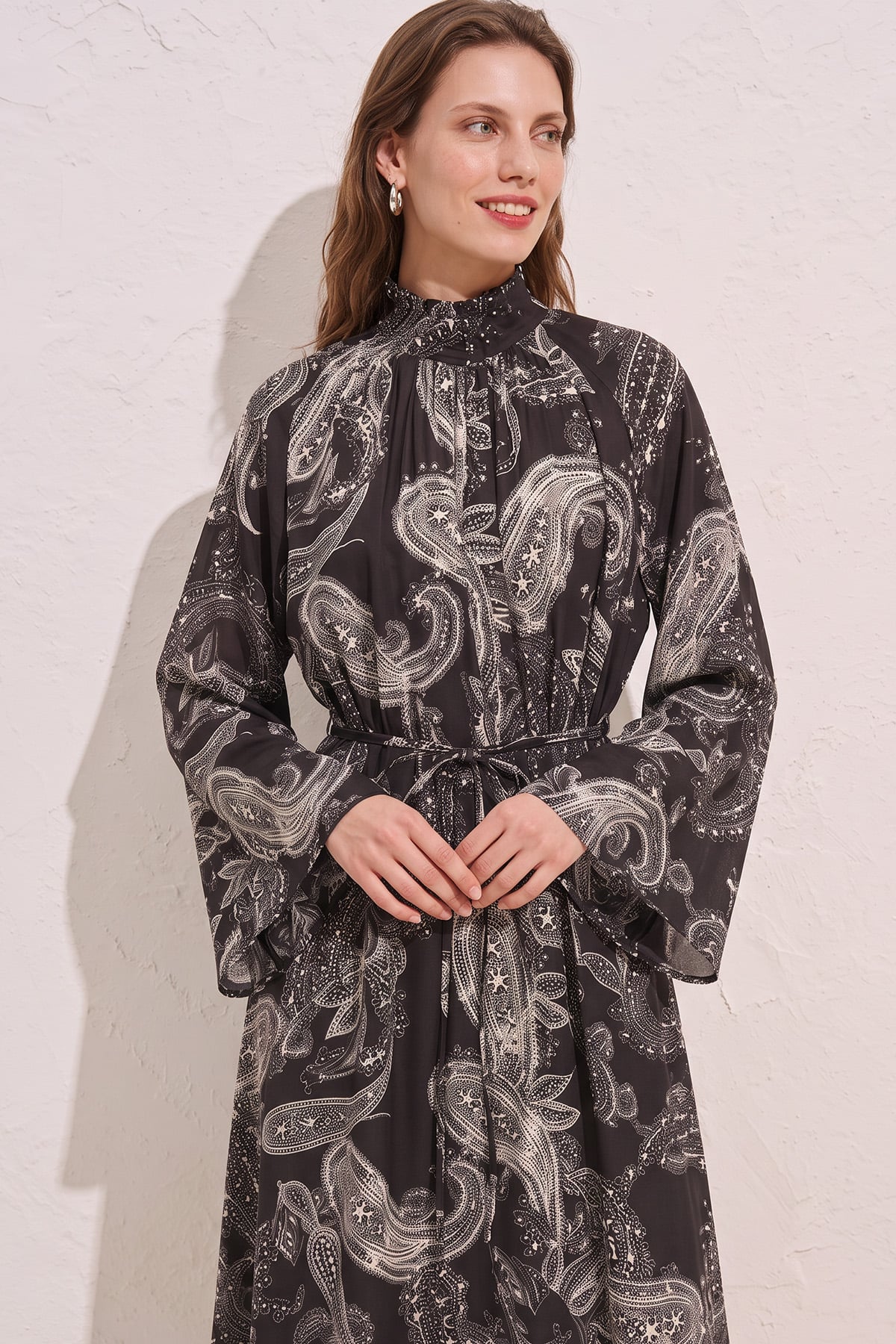 Buta Desenli  Elbise Y0165 - KOYU KAHVE | zenne.com 