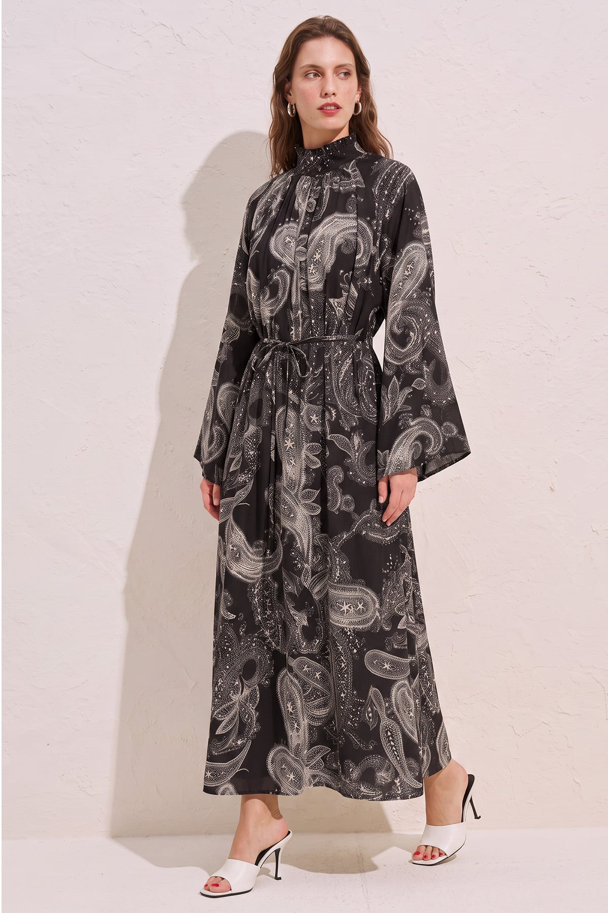 Buta Desenli  Elbise Y0165 - KOYU KAHVE | zenne.com 