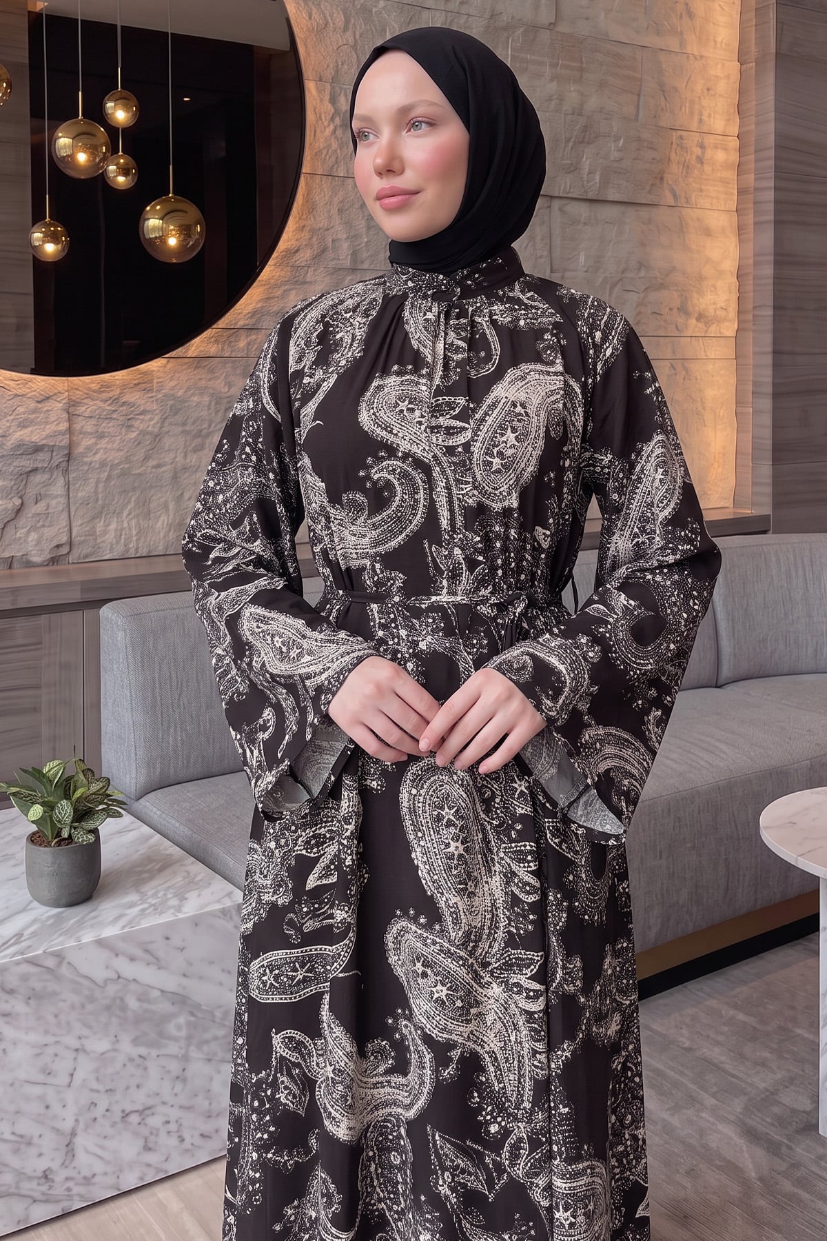 Buta Desenli  Elbise Y0165 - KOYU KAHVE |  