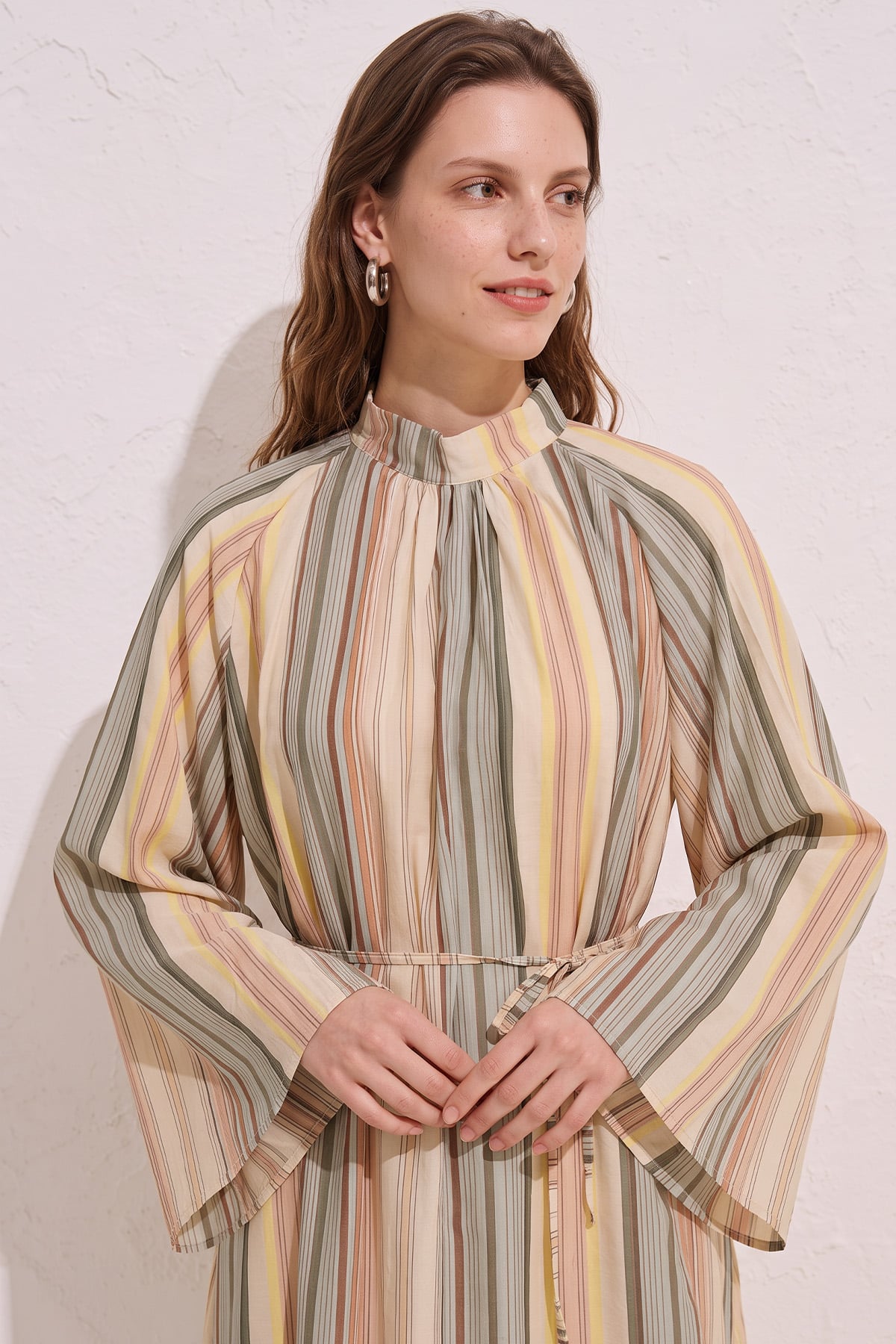 Çizgili  Elbise Y0165 - HAKİ  | zenne.com 