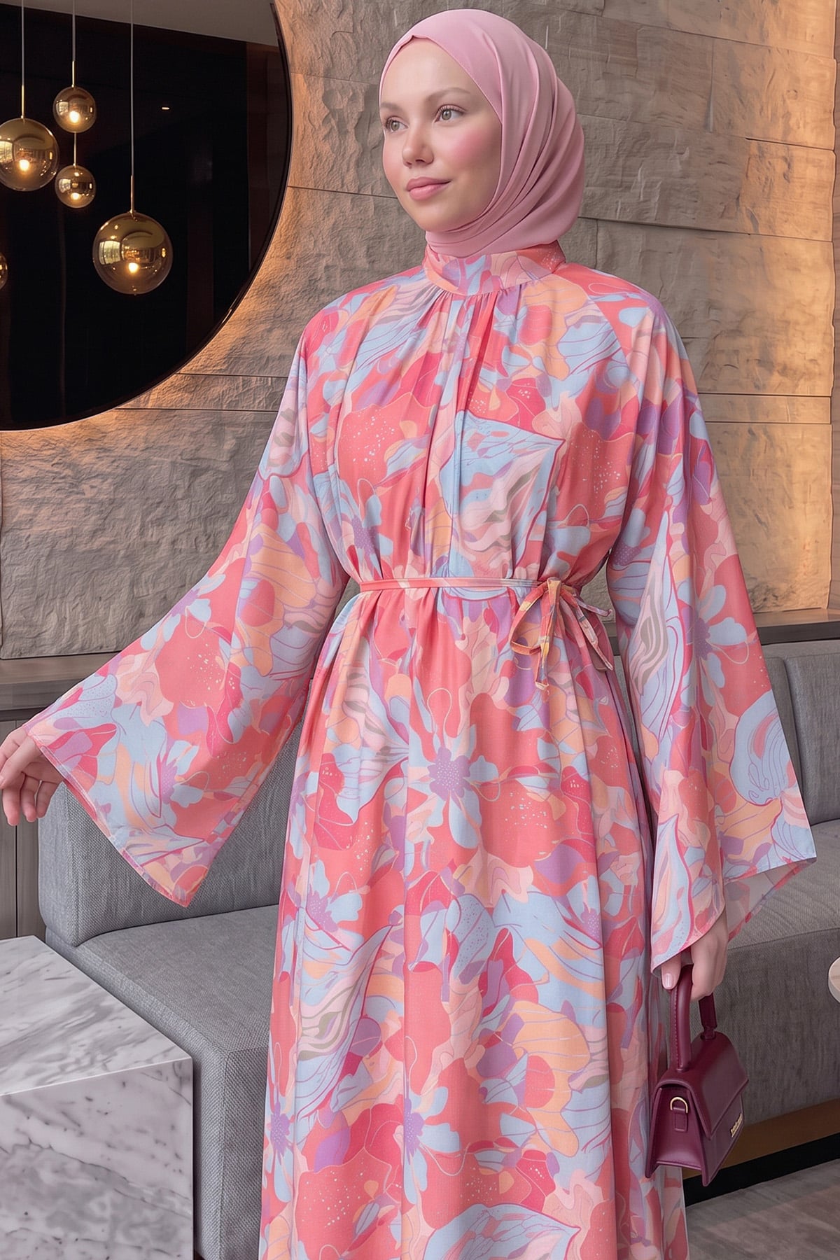 Çiçek Desenli  Elbise Y0165 - PEMBE  |  