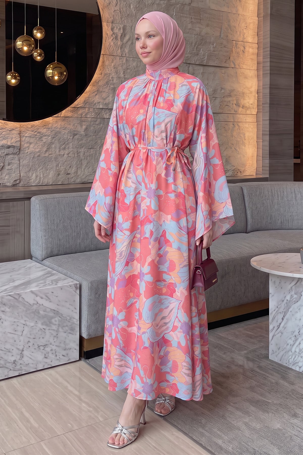 Çiçek Desenli  Elbise Y0165 - PEMBE  |  