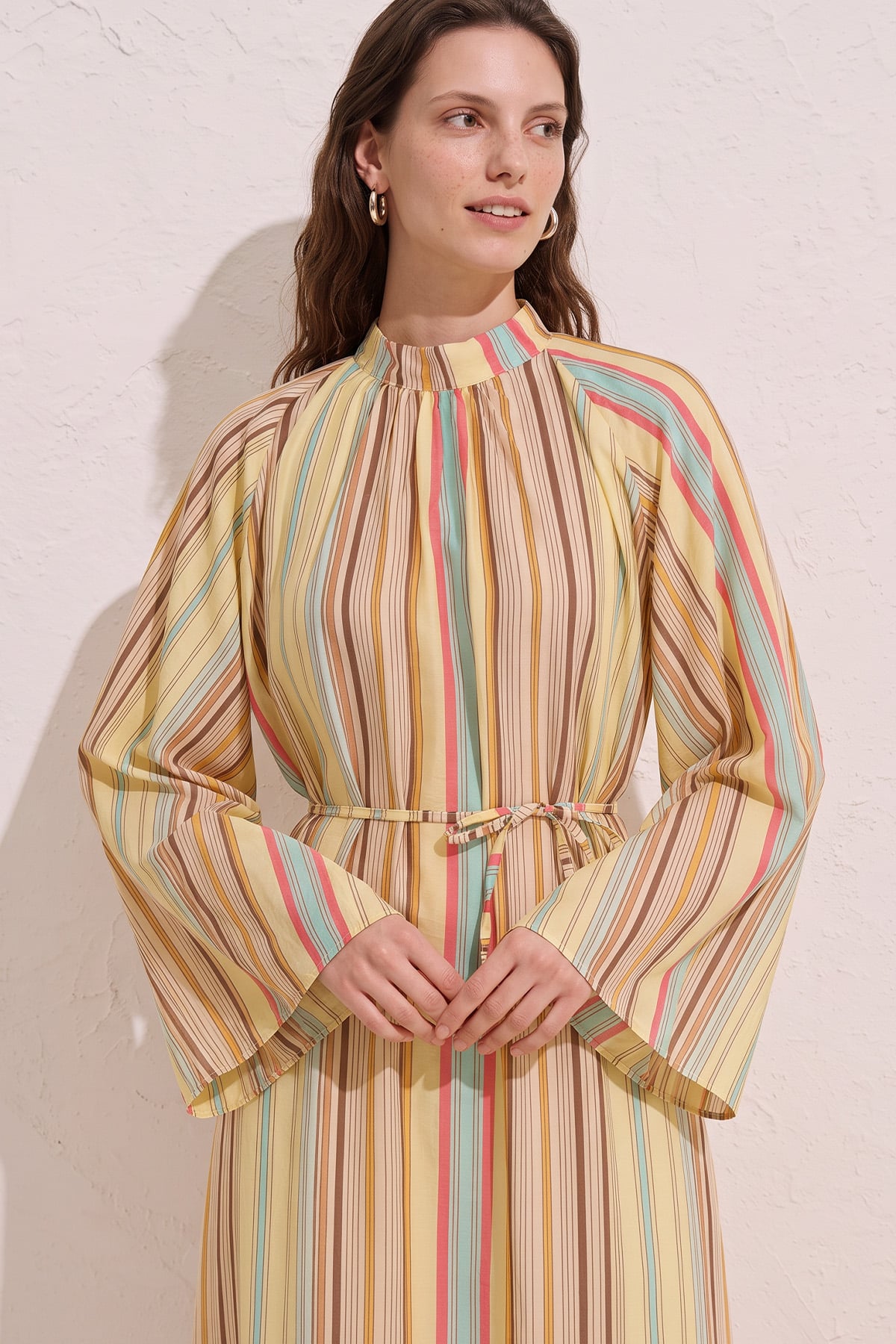 Çizgili  Elbise Y0165 - SARI  | zenne.com 