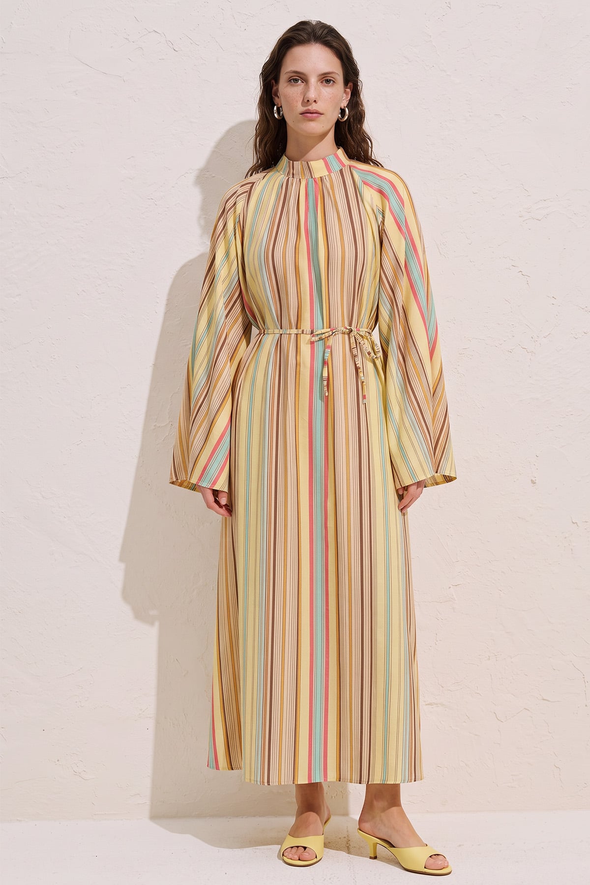 Çizgili  Elbise Y0165 - SARI  | zenne.com 