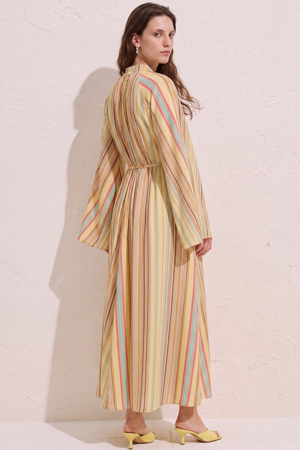 Çizgili  Elbise Y0165 - SARI  | zenne.com 