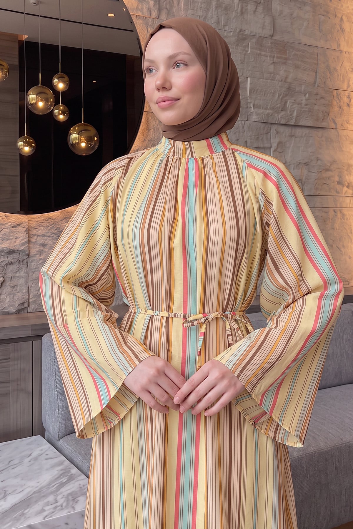 Çizgili  Elbise Y0165 - SARI  |  