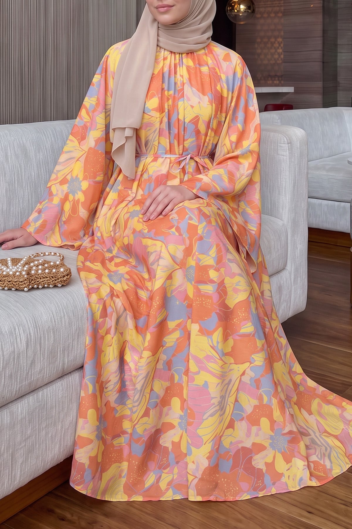 Çiçek Desenli  Elbise Y0165 - TURUNCU |  