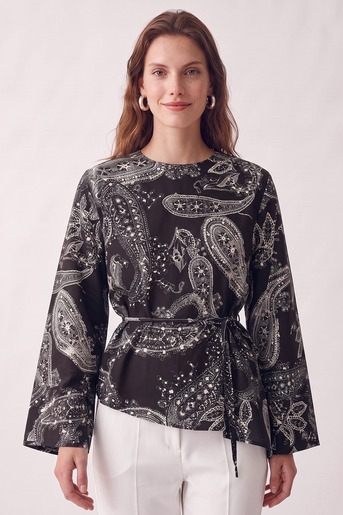 Buta Desenli Asimetrik Bluz Y0166 - KOYU KAHVE  | zenne.com 