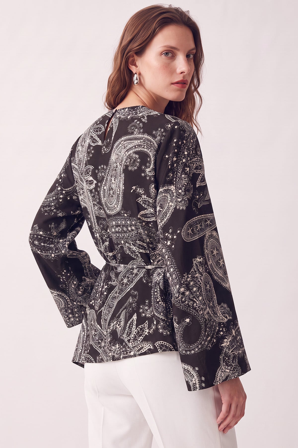 Buta Desenli Asimetrik Bluz Y0166 - KOYU KAHVE  | zenne.com 