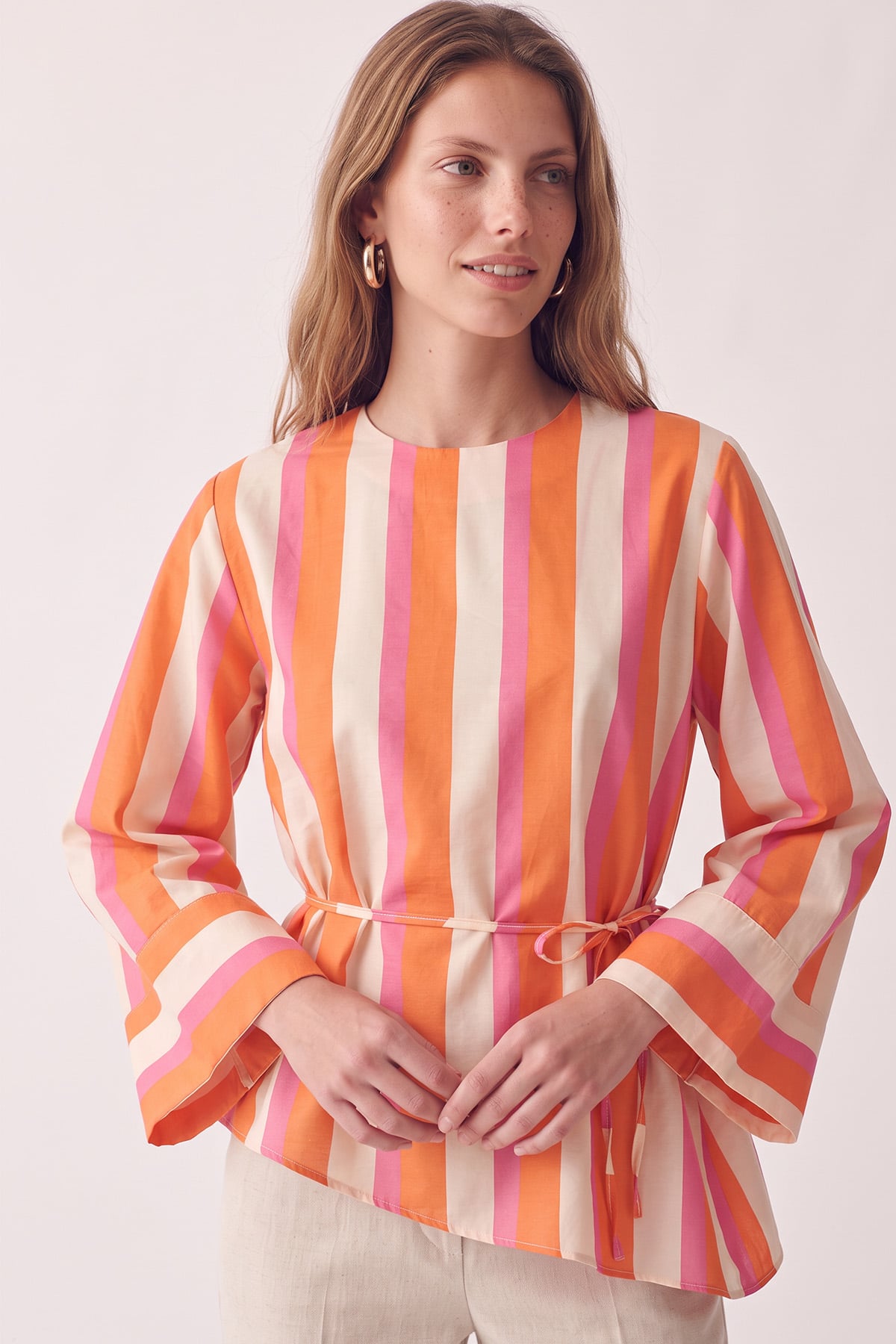 Çizgili  Asimetrik Bluz Y0166 - MERCAN | zenne.com 