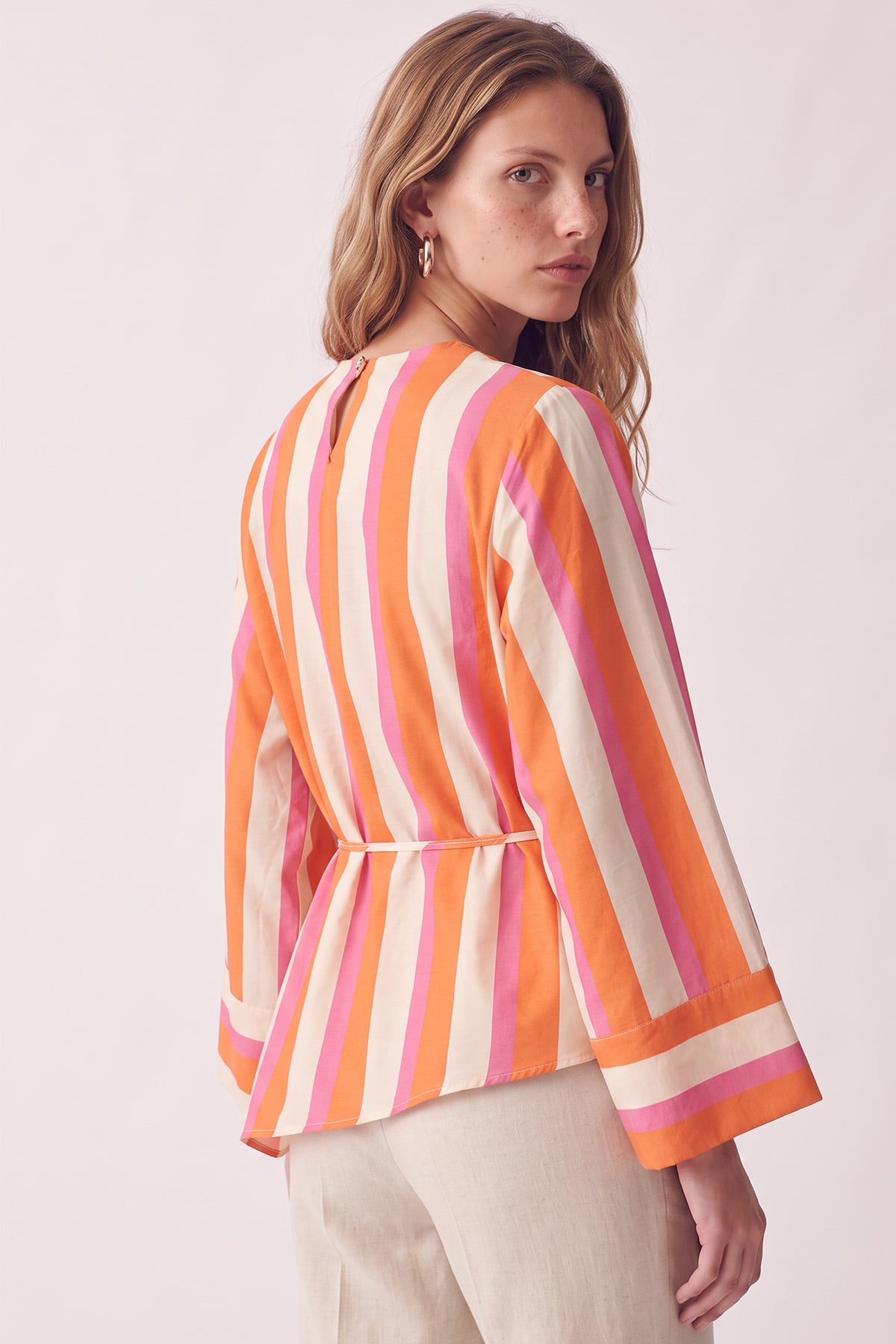 Çizgili  Asimetrik Bluz Y0166 - MERCAN | zenne.com 