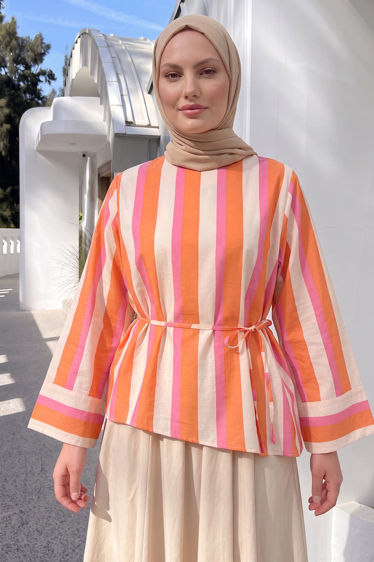 Çizgili  Asimetrik Bluz Y0166 - MERCAN |  