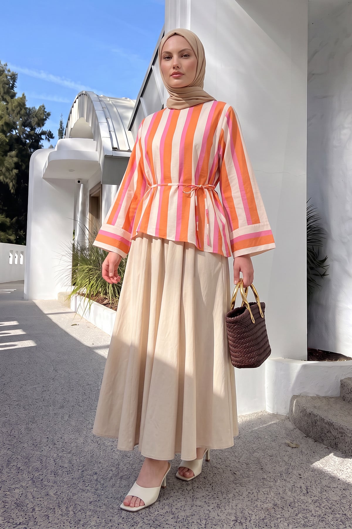 Çizgili  Asimetrik Bluz Y0166 - MERCAN |  
