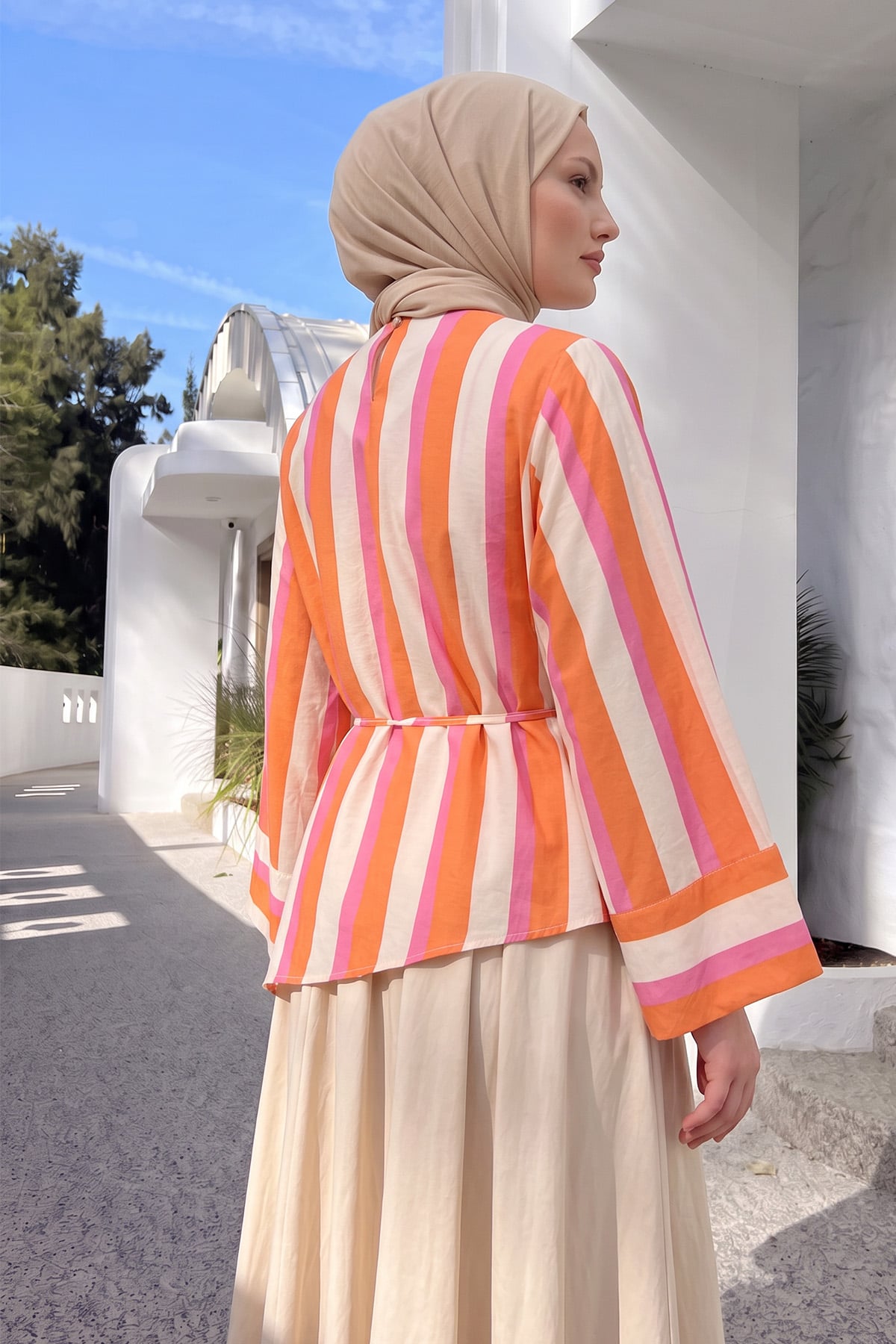 Çizgili  Asimetrik Bluz Y0166 - MERCAN |  