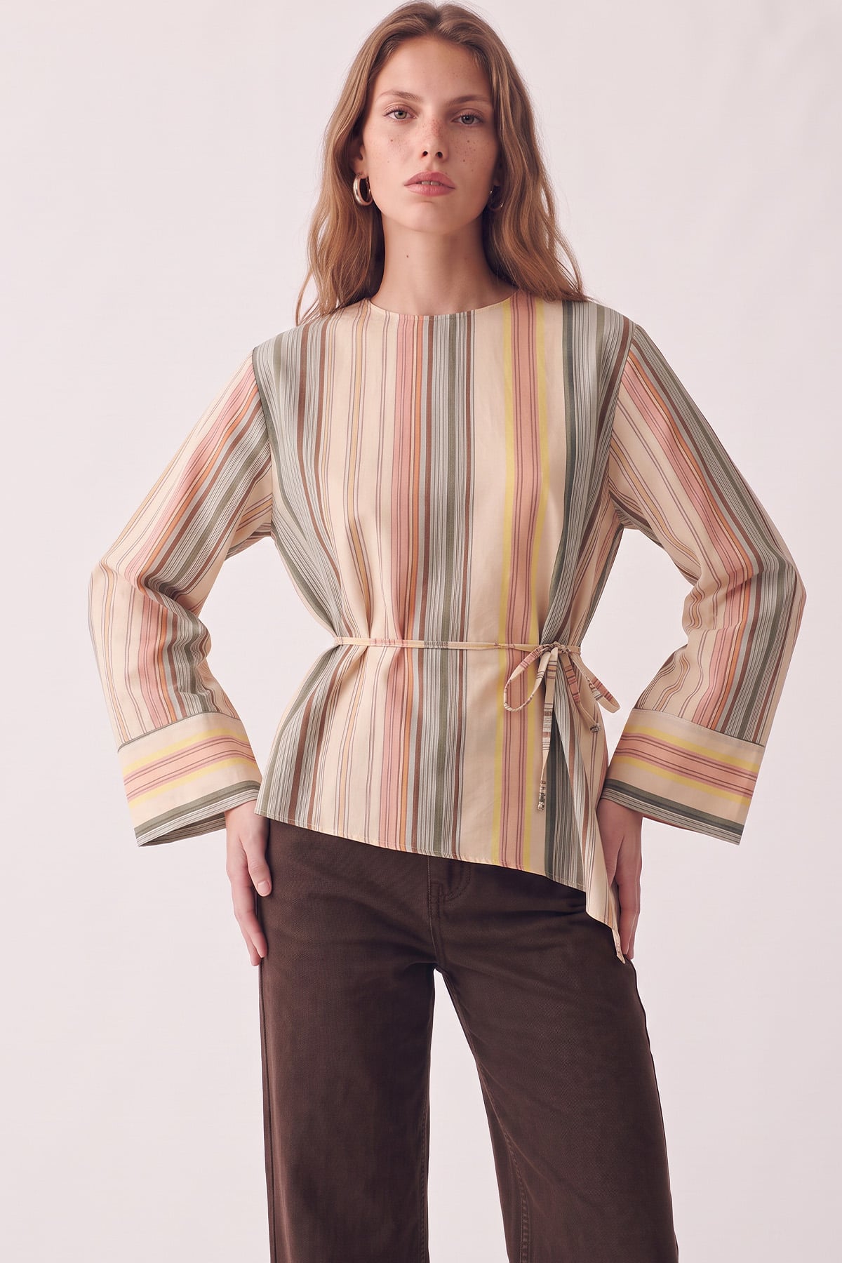 Çizgili  Asimetrik Bluz Y0166 - HAKİ | zenne.com 