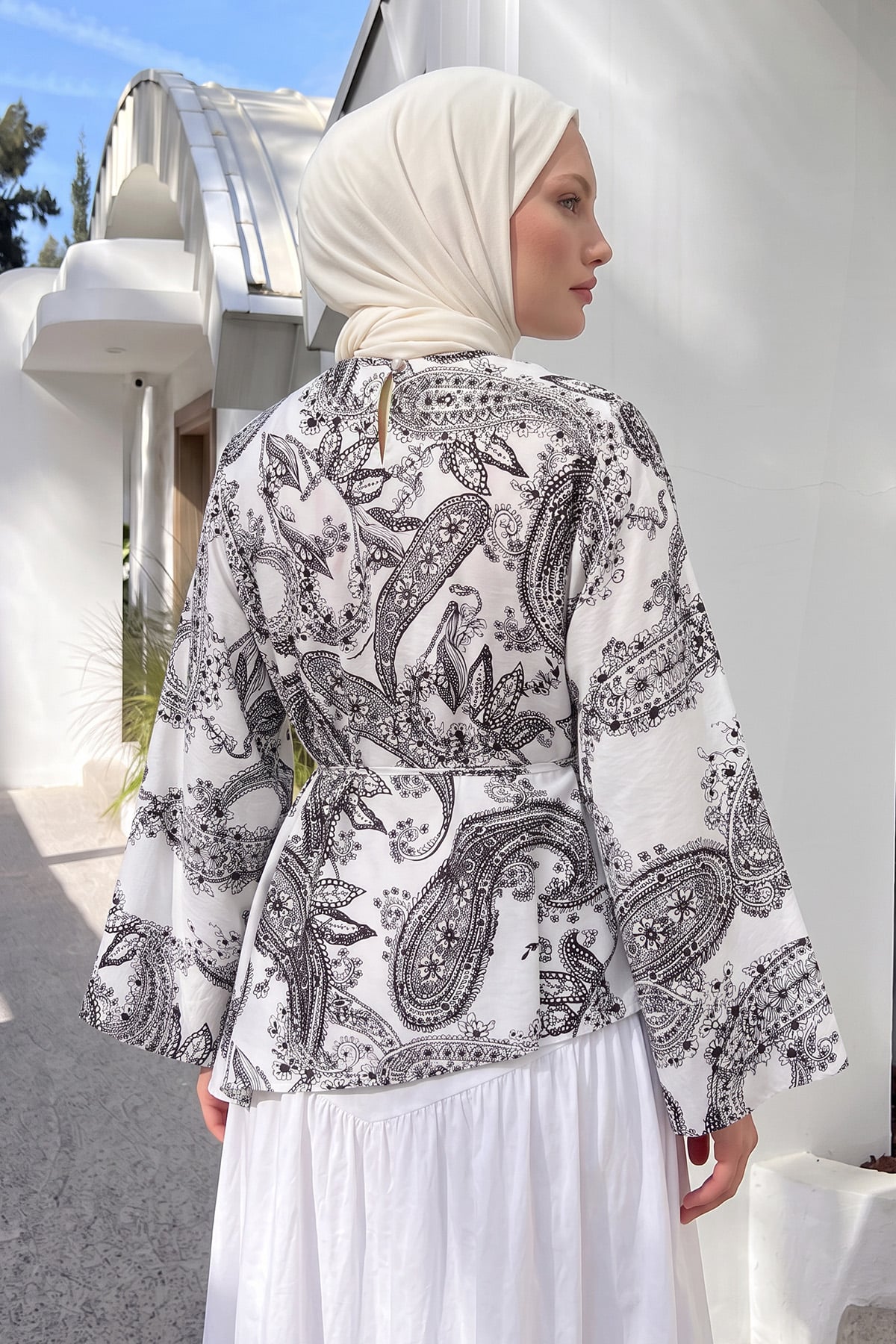 Buta Desenli Asimetrik Bluz Y0166 - BEYAZ |  