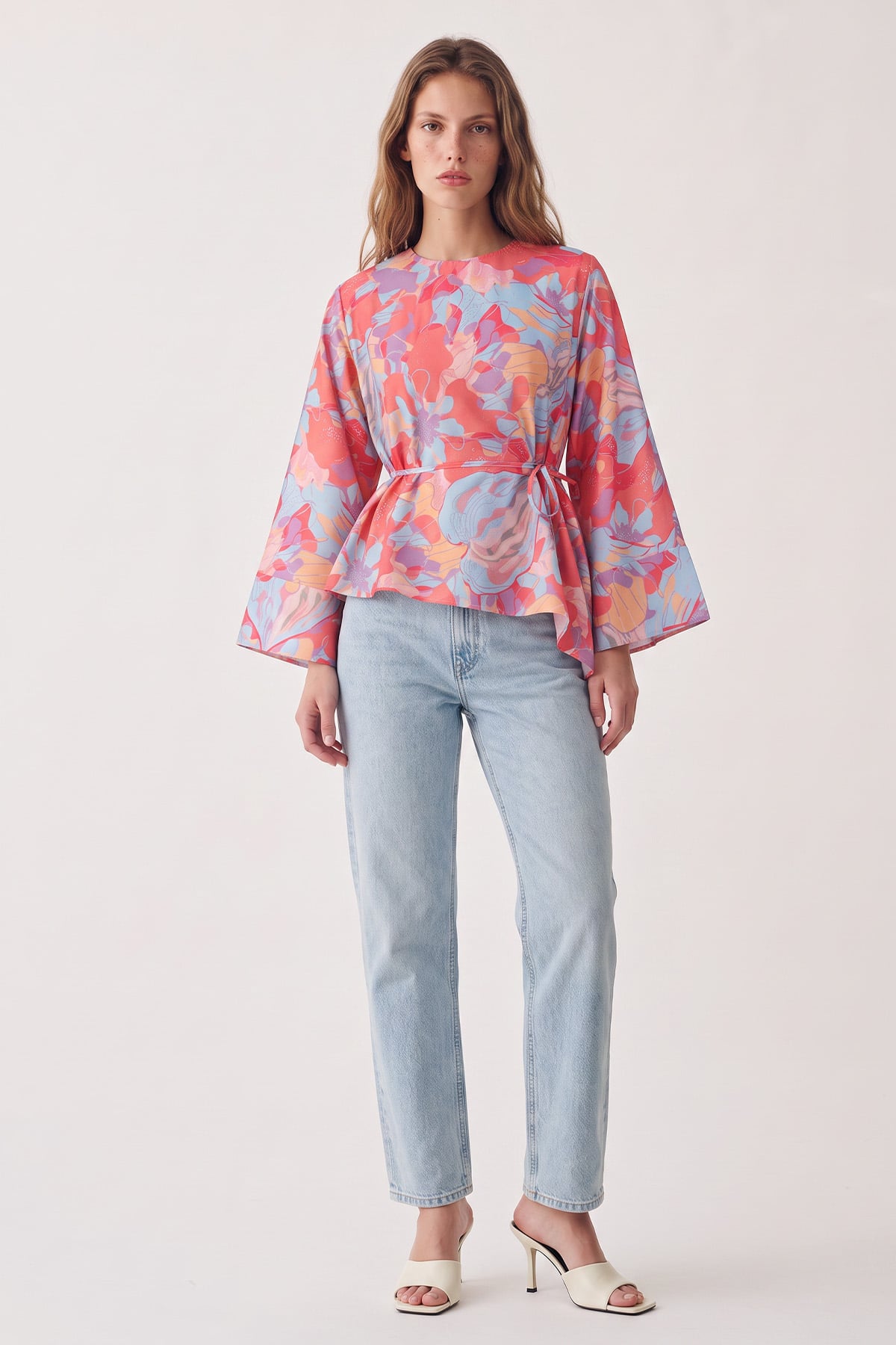 Çiçek Desenli Asimetrik Bluz Y0166 - PEMBE | zenne.com 