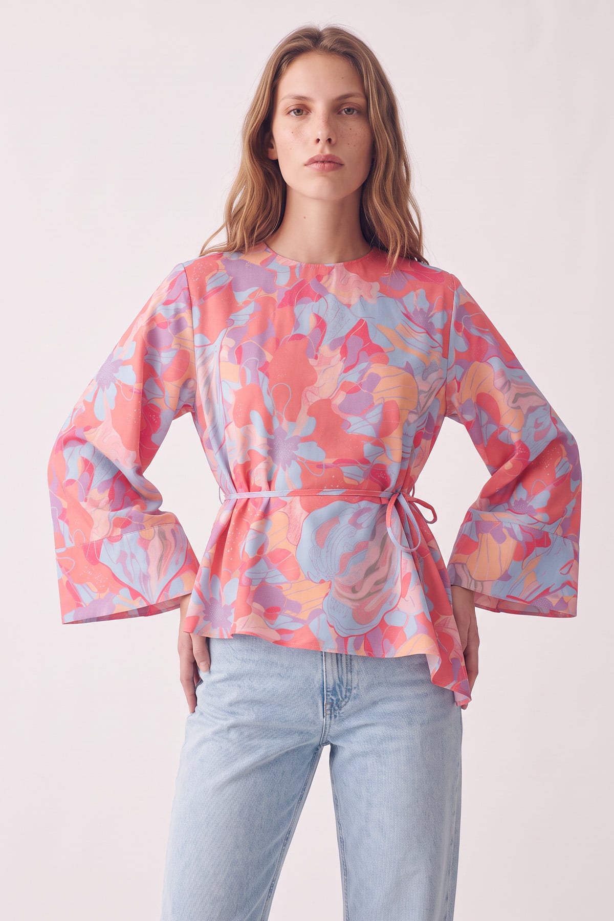 Çiçek Desenli Asimetrik Bluz Y0166 - PEMBE | zenne.com 
