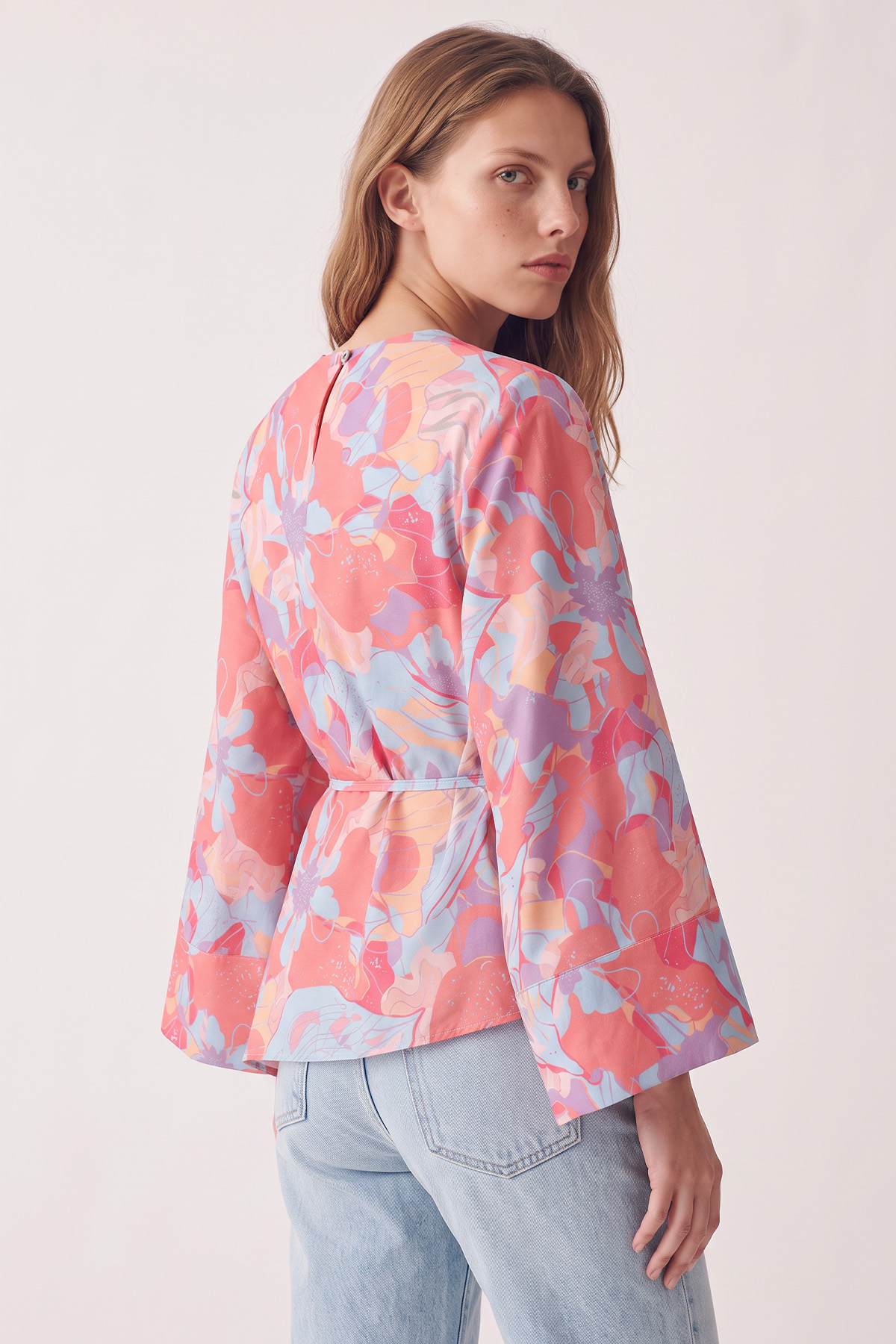 Çiçek Desenli Asimetrik Bluz Y0166 - PEMBE | zenne.com 