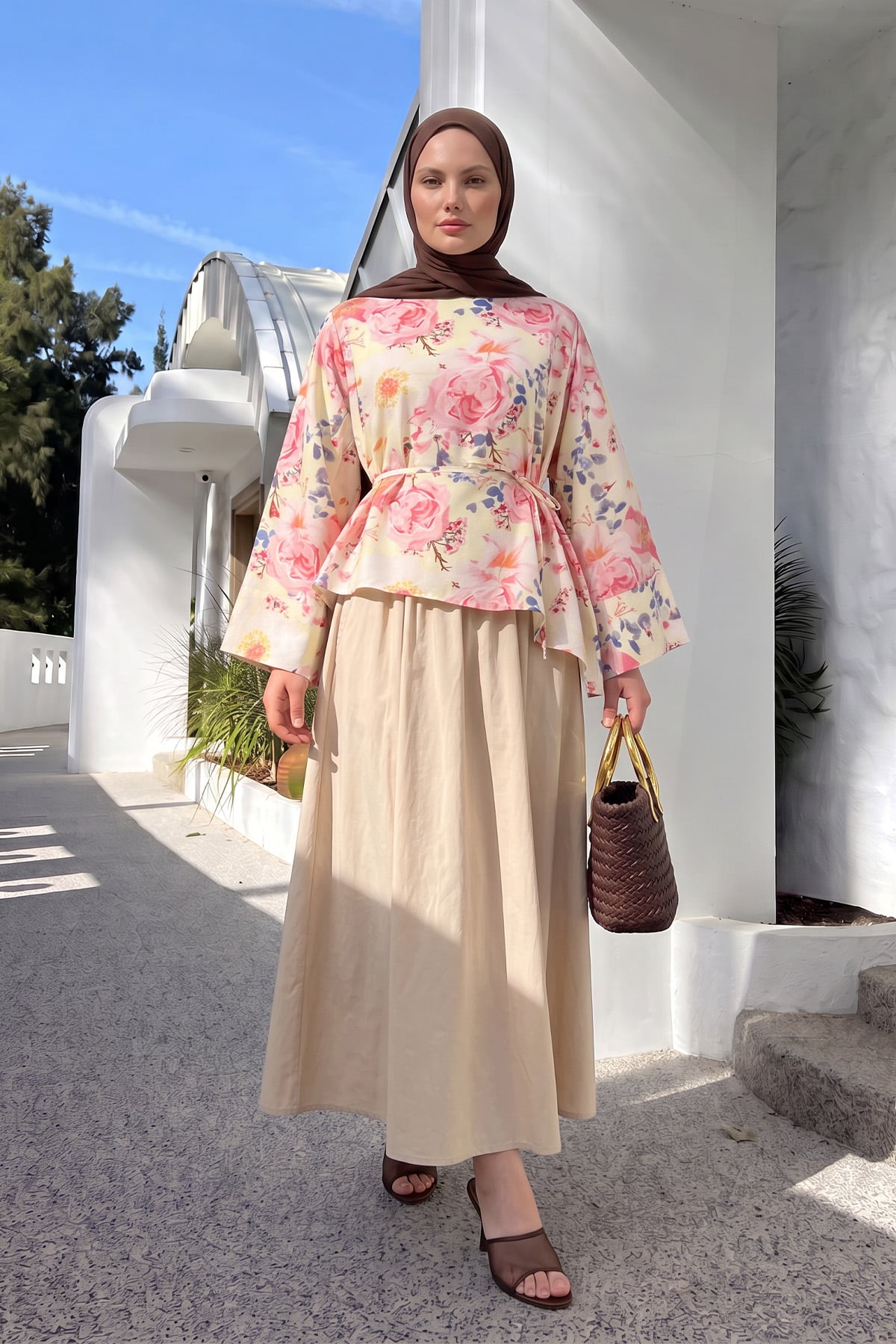 Çiçek Desenli Asimetrik Bluz Y0166 - PUDRA |  