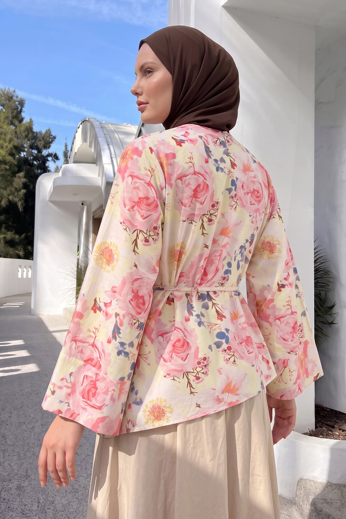 Çiçek Desenli Asimetrik Bluz Y0166 - PUDRA |  