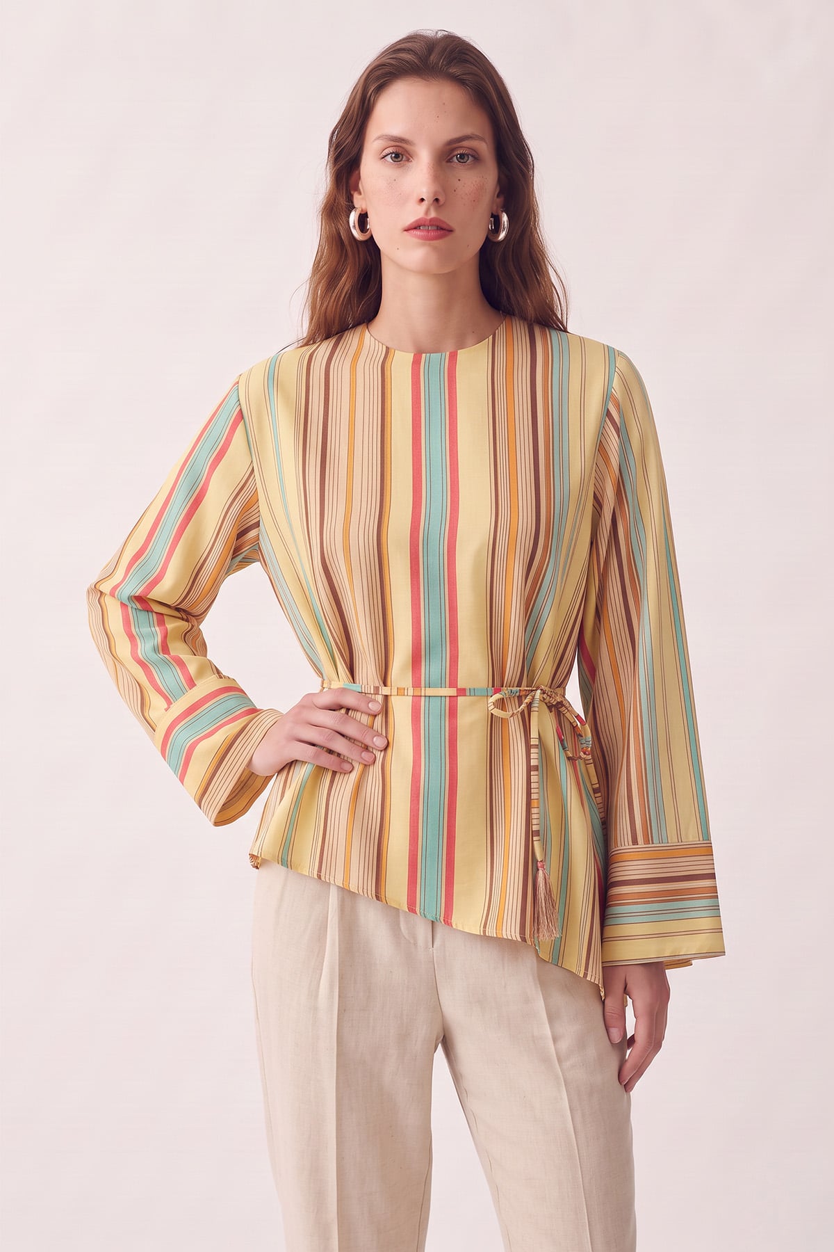 Çizgili  Asimetrik Bluz Y0166 - SARI | zenne.com 