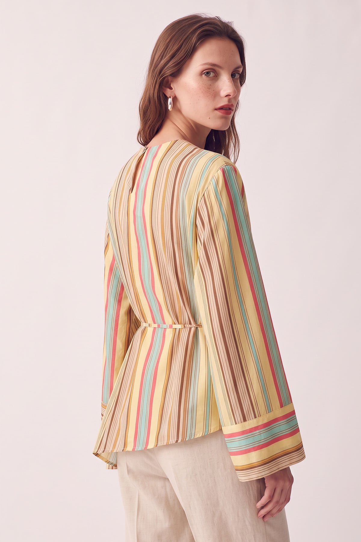 Çizgili  Asimetrik Bluz Y0166 - SARI | zenne.com 