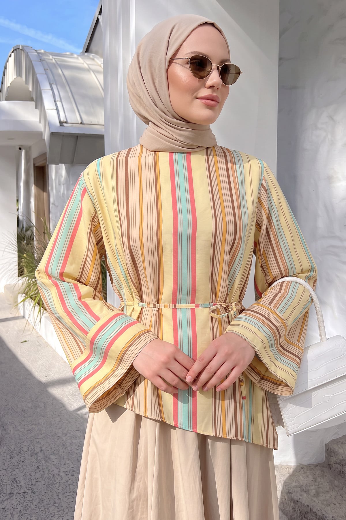Çizgili  Asimetrik Bluz Y0166 - SARI |  