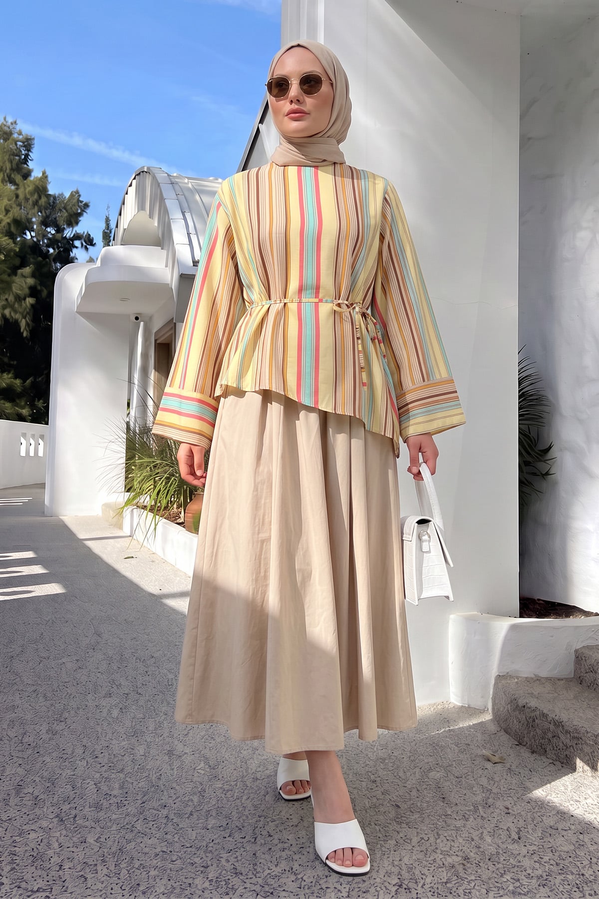 Çizgili  Asimetrik Bluz Y0166 - SARI |  