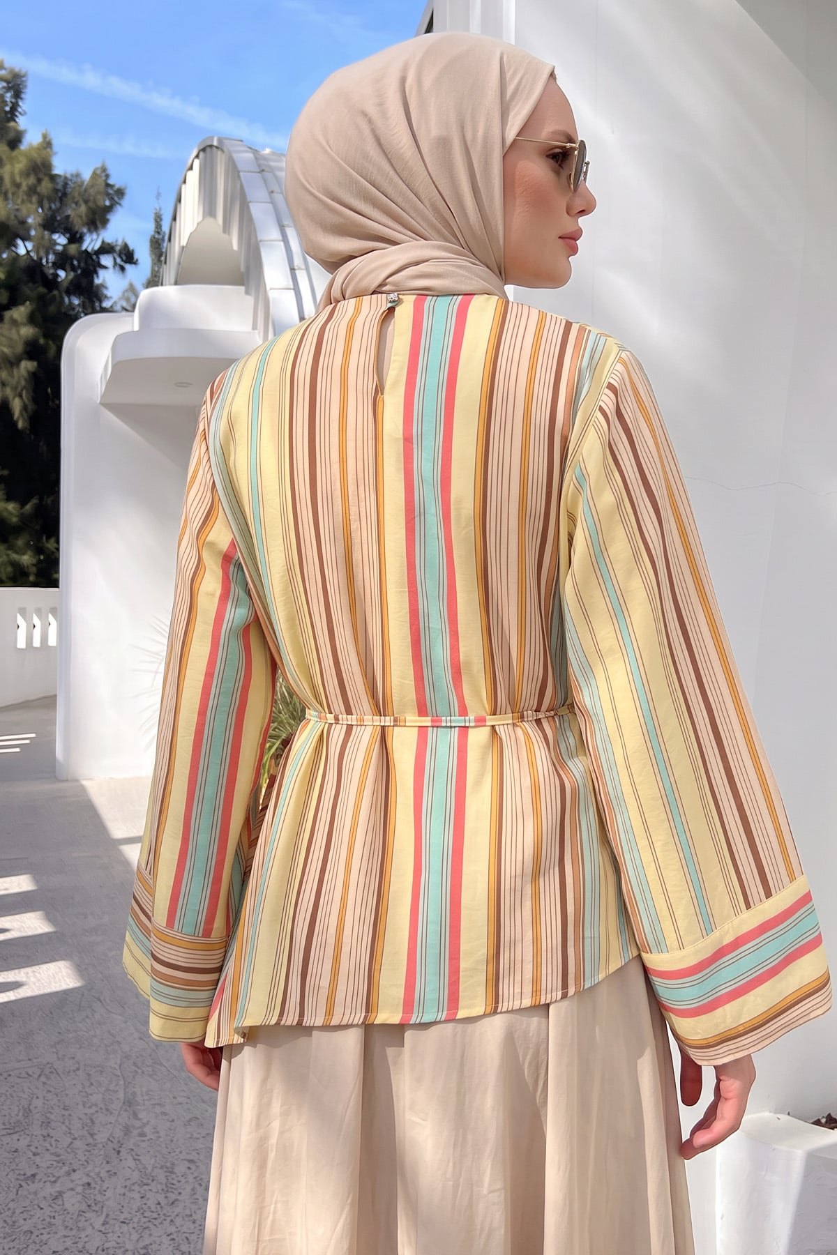 Çizgili  Asimetrik Bluz Y0166 - SARI |  