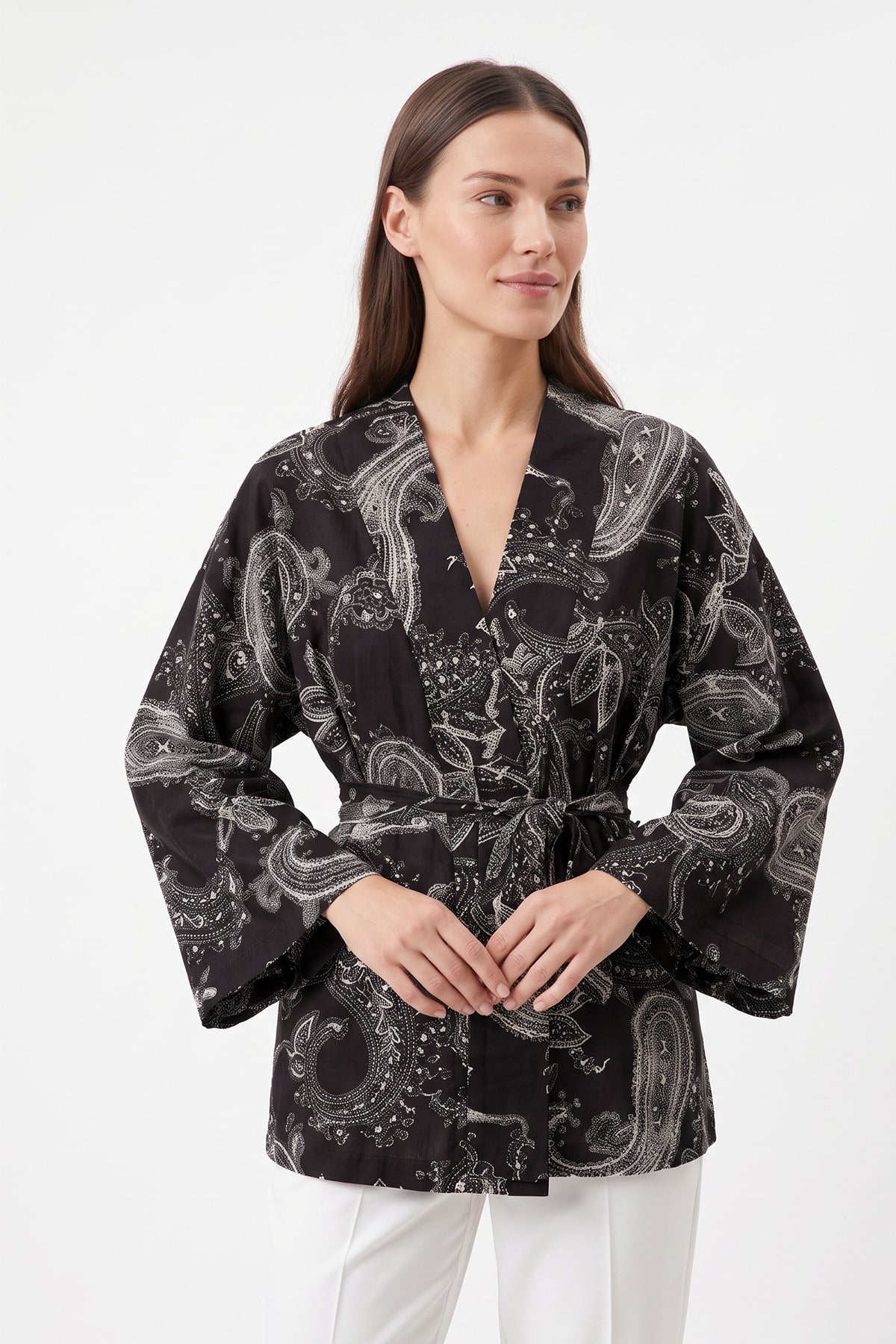 Buta Desenli Kimono Y0167 - KOYU KAHVE | zenne.com 