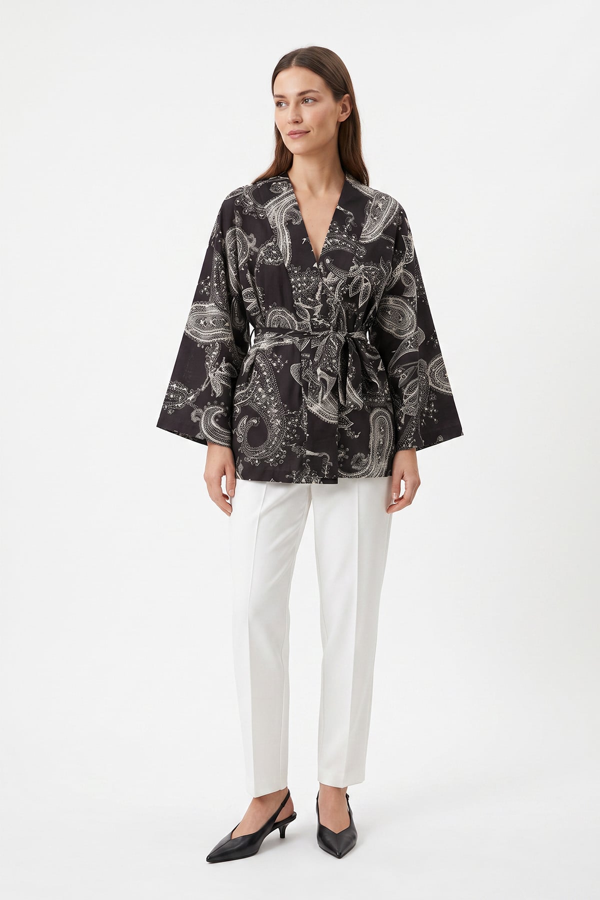 Buta Desenli Kimono Y0167 - KOYU KAHVE | zenne.com 