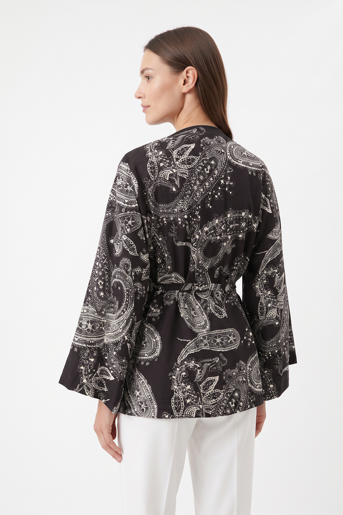 Buta Desenli Kimono Y0167 - KOYU KAHVE | zenne.com 