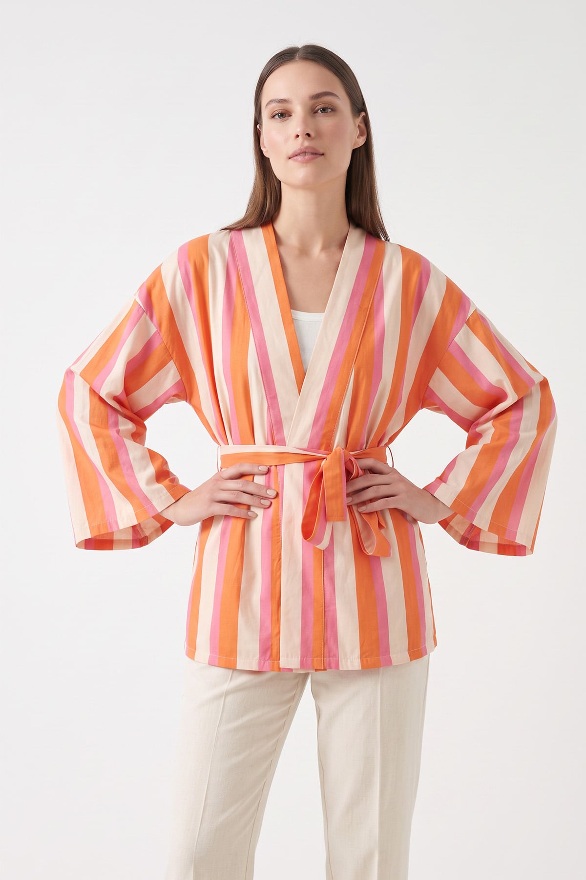 Çizgili Kimono Y0167 - MERCAN | zenne.com 