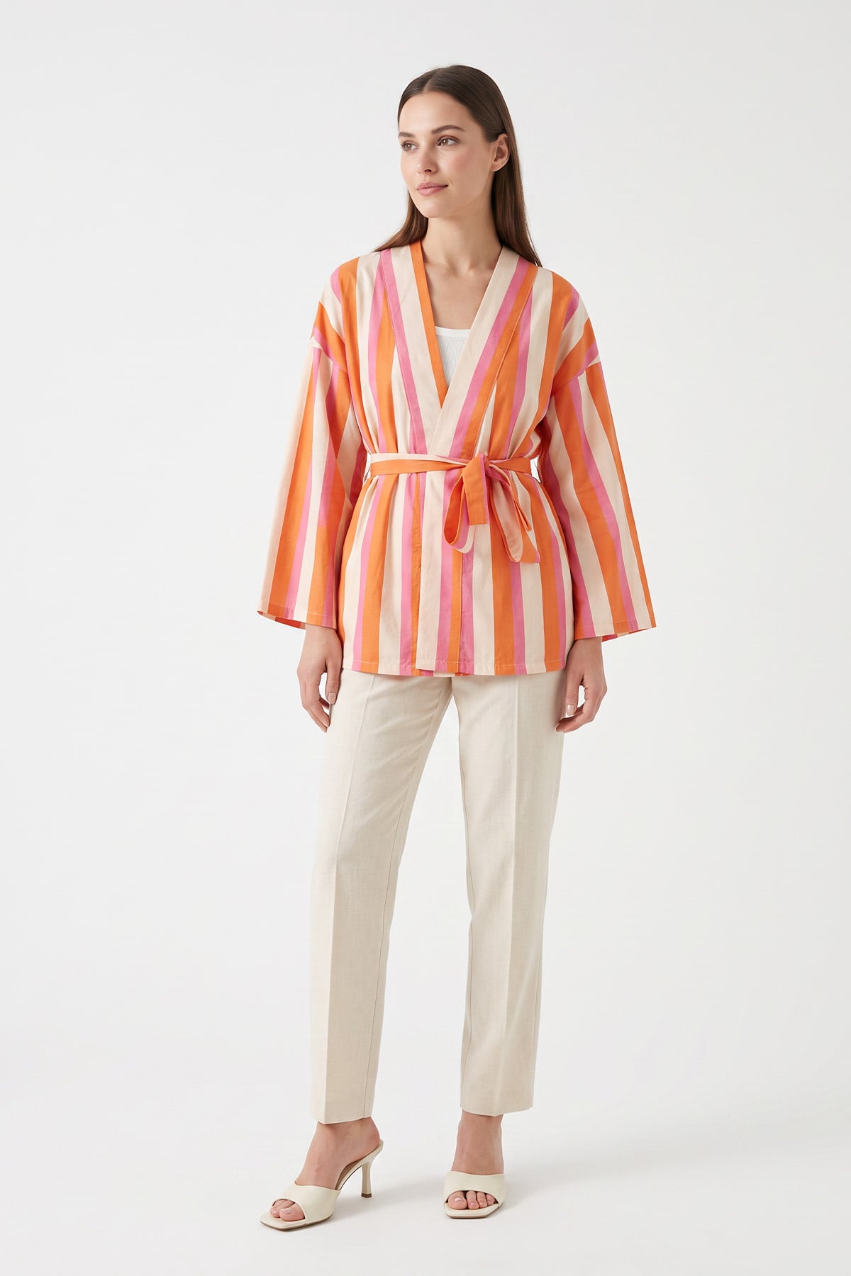 Çizgili Kimono Y0167 - MERCAN | zenne.com 