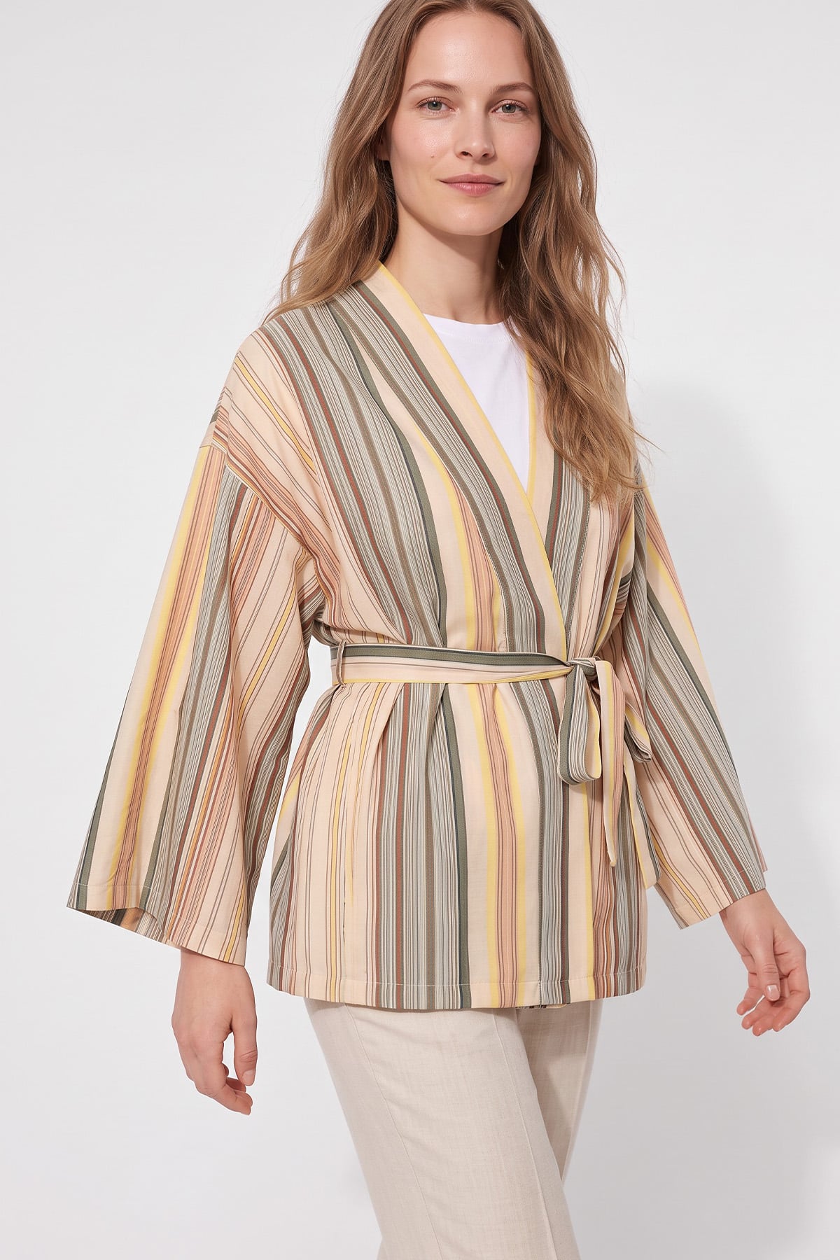 Çizgili  Kimono Y0167 - HAKİ | zenne.com 