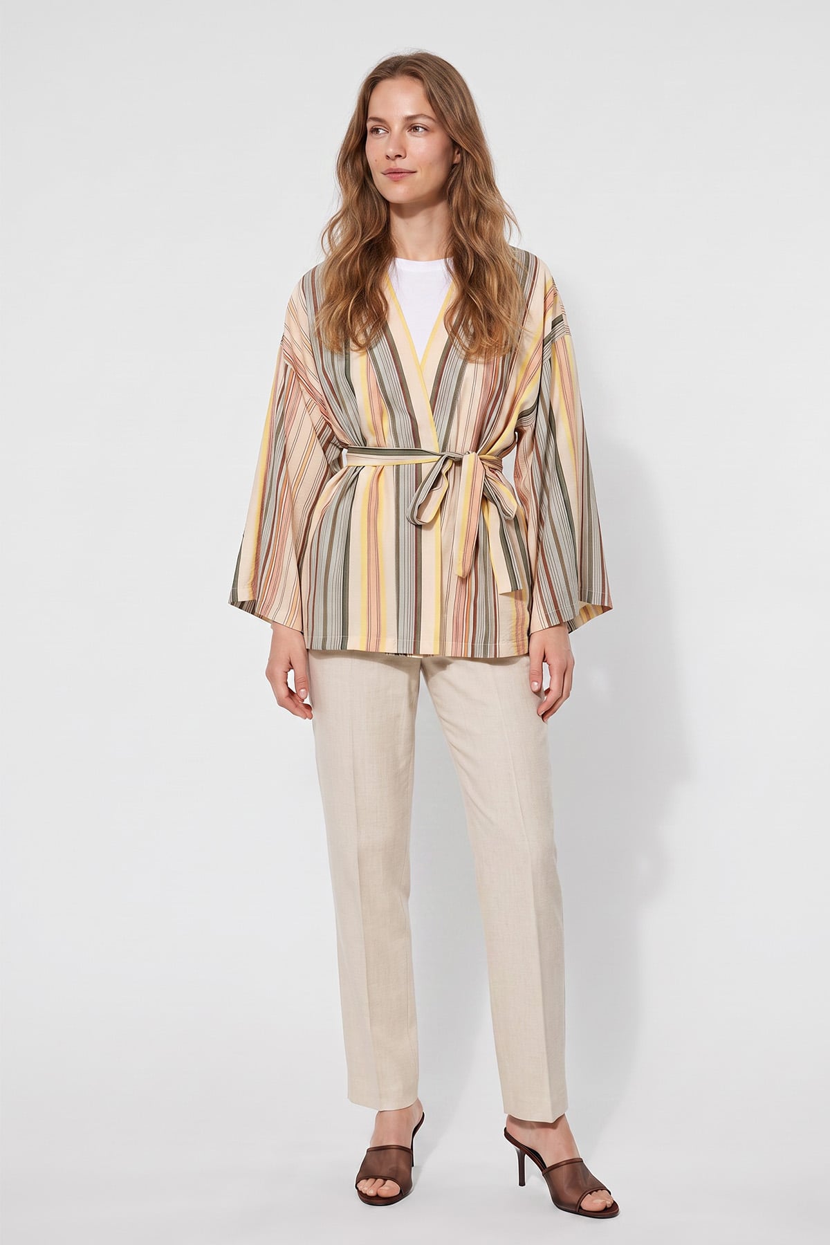 Çizgili  Kimono Y0167 - HAKİ | zenne.com 