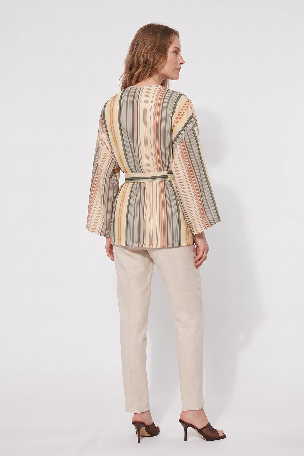 Çizgili  Kimono Y0167 - HAKİ | zenne.com 