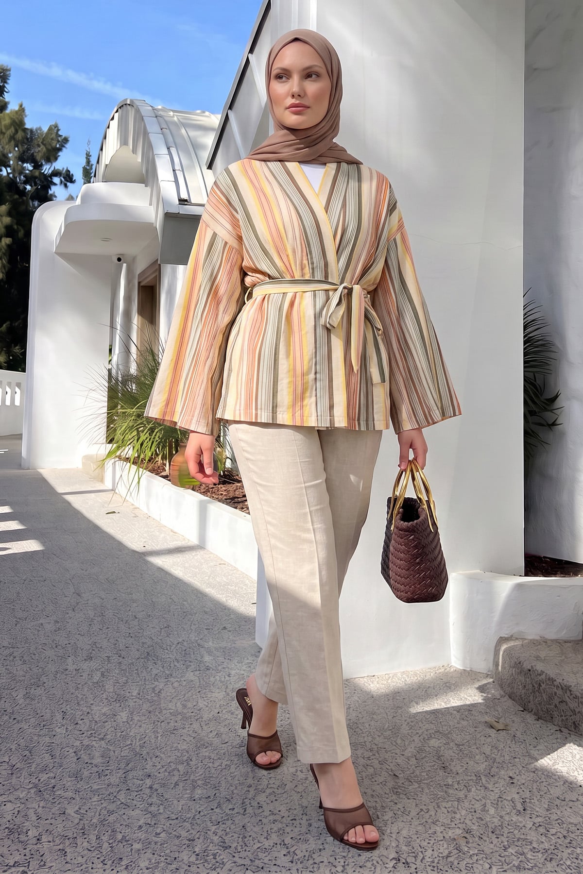 Çizgili  Kimono Y0167 - HAKİ |  
