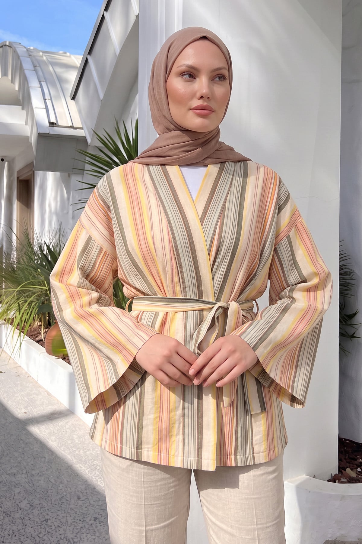 Çizgili  Kimono Y0167 - HAKİ |  