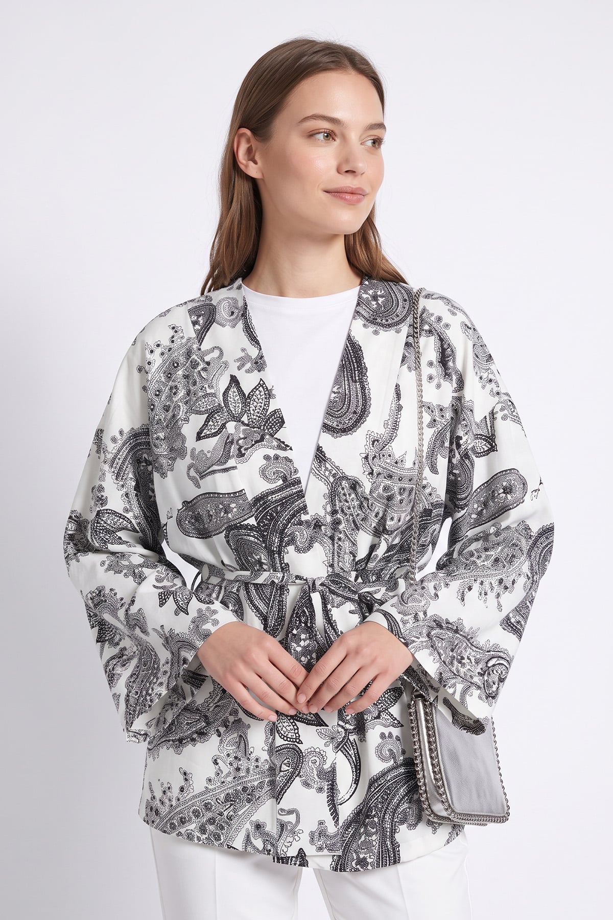  Buta Desenli Kimono Y0167 - BEYAZ | zenne.com 