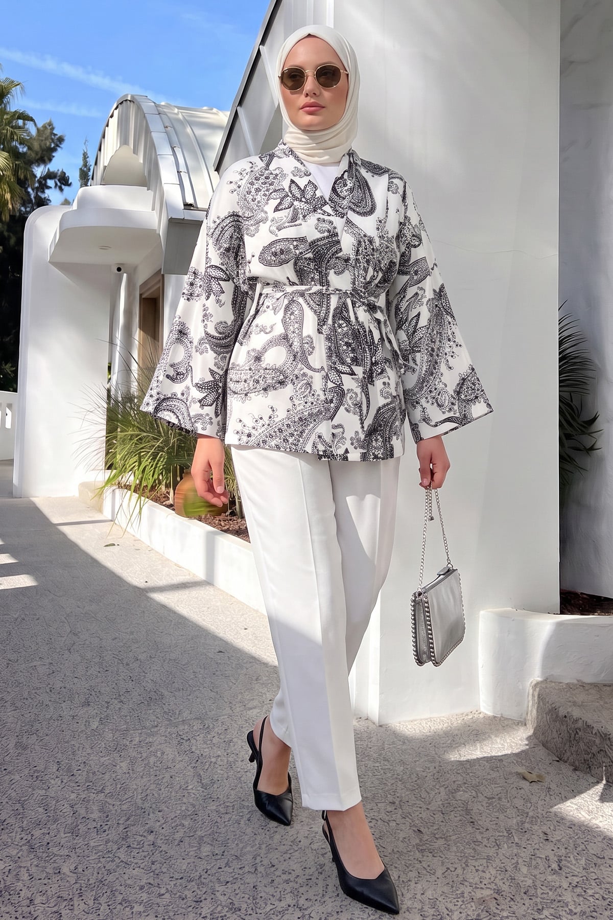  Buta Desenli Kimono Y0167 - BEYAZ |  
