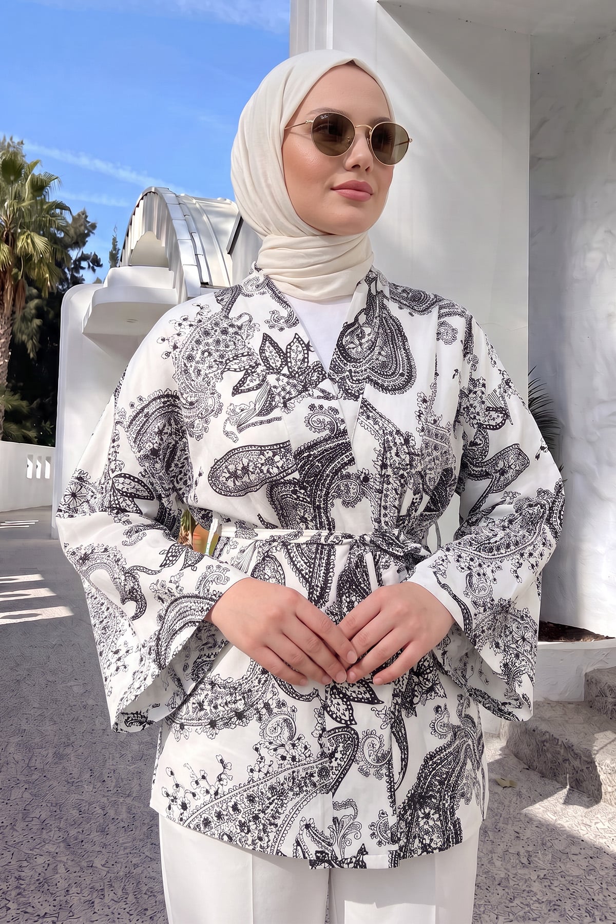  Buta Desenli Kimono Y0167 - BEYAZ |  
